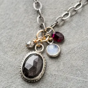 Chocolate Sapphire Drop Necklace with Gemstone Charms