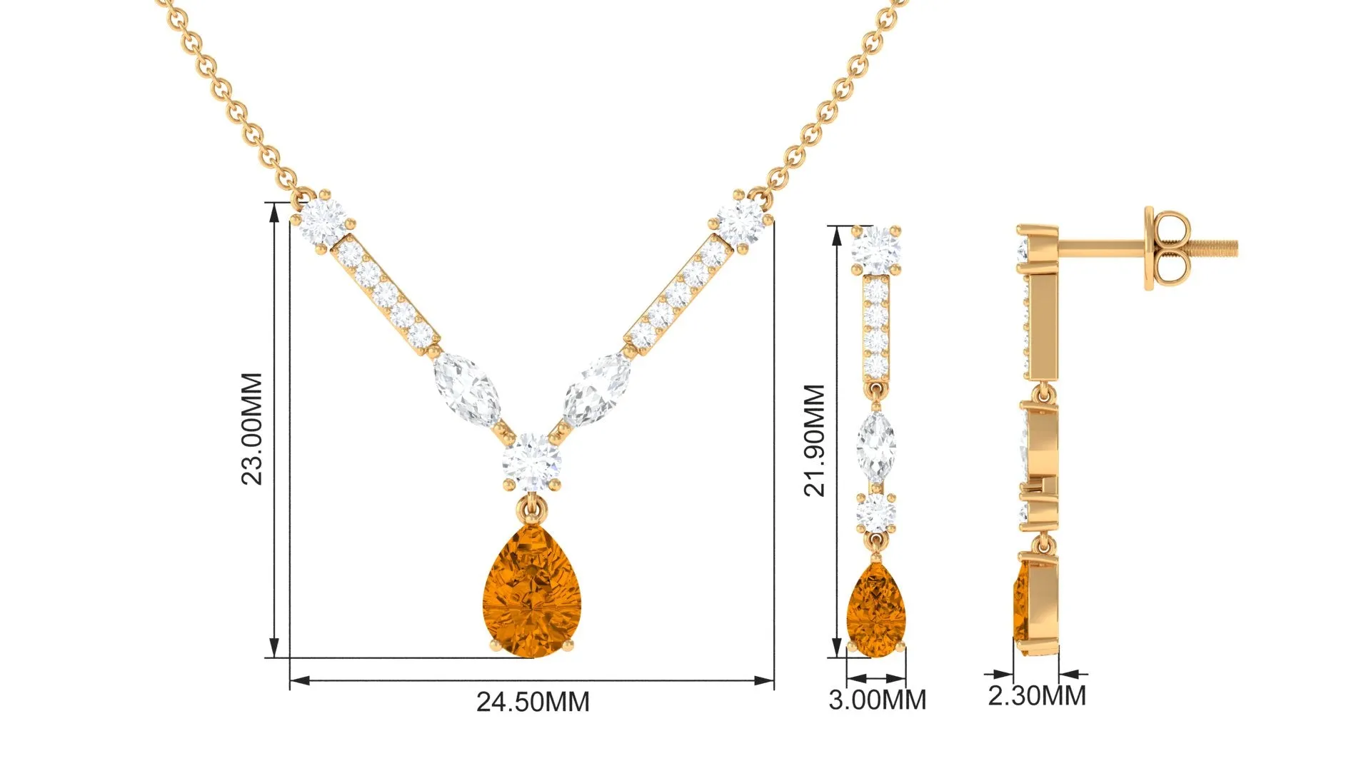 Citrine and Moissanite Drop Necklace Earrings Set