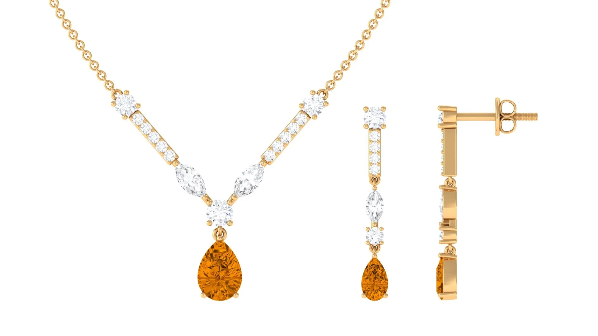 Citrine and Moissanite Drop Necklace Earrings Set