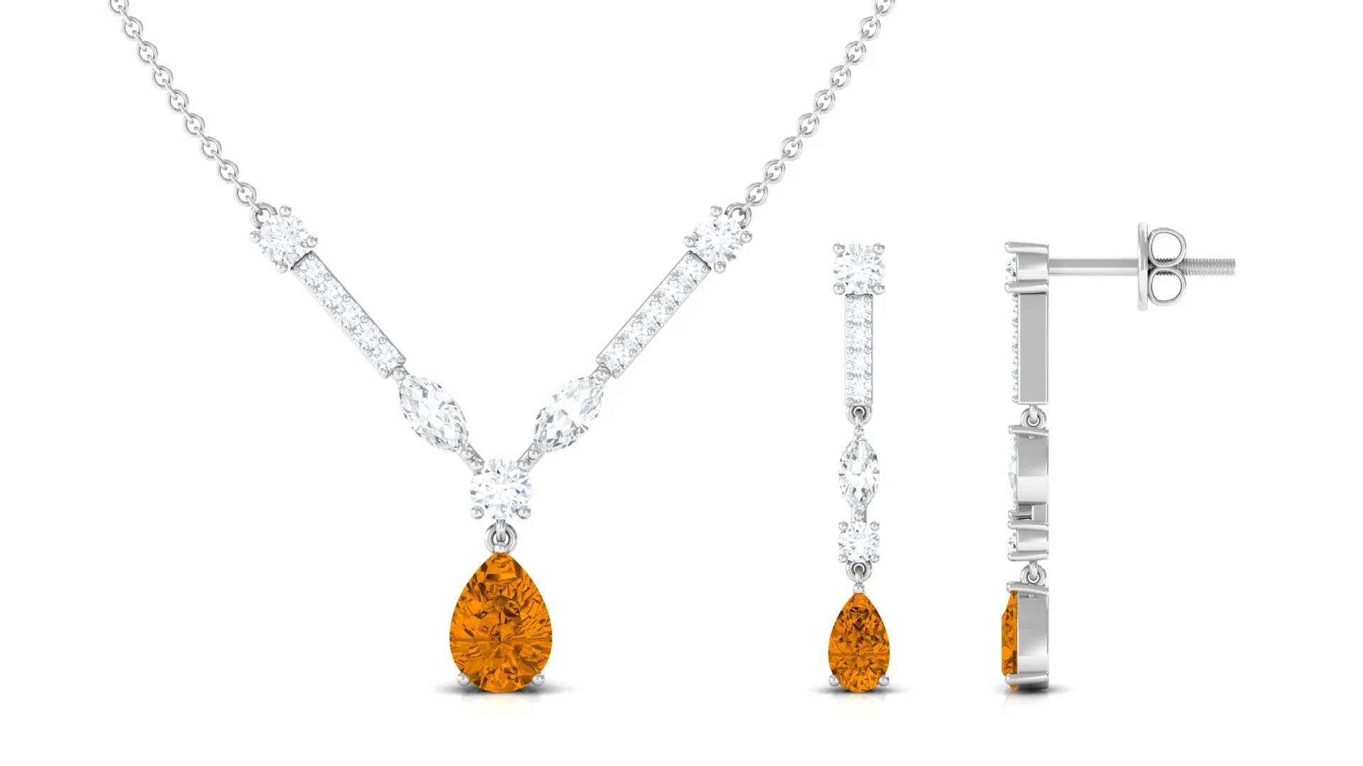 Citrine and Moissanite Drop Necklace Earrings Set