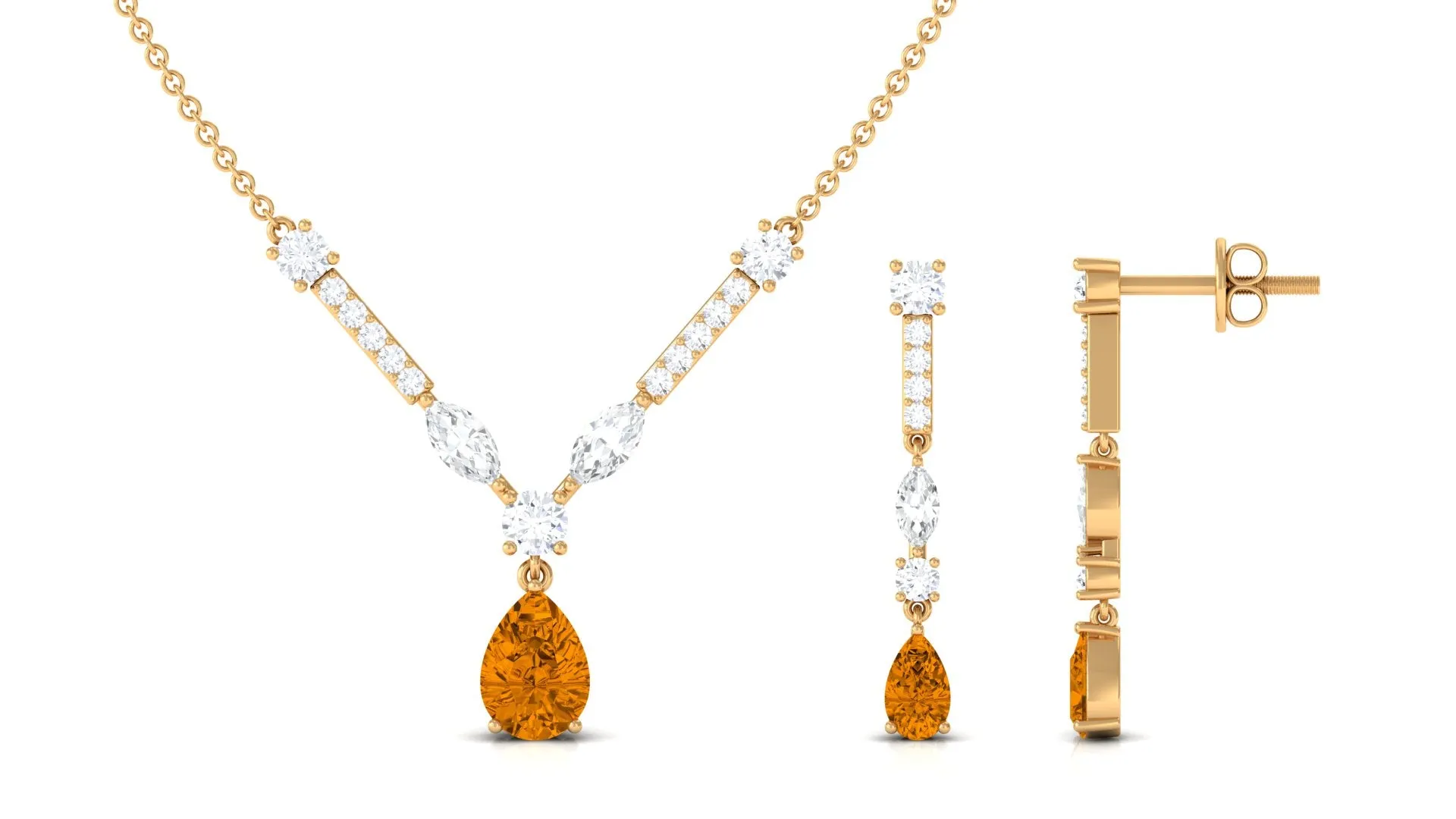 Citrine and Moissanite Drop Necklace Earrings Set