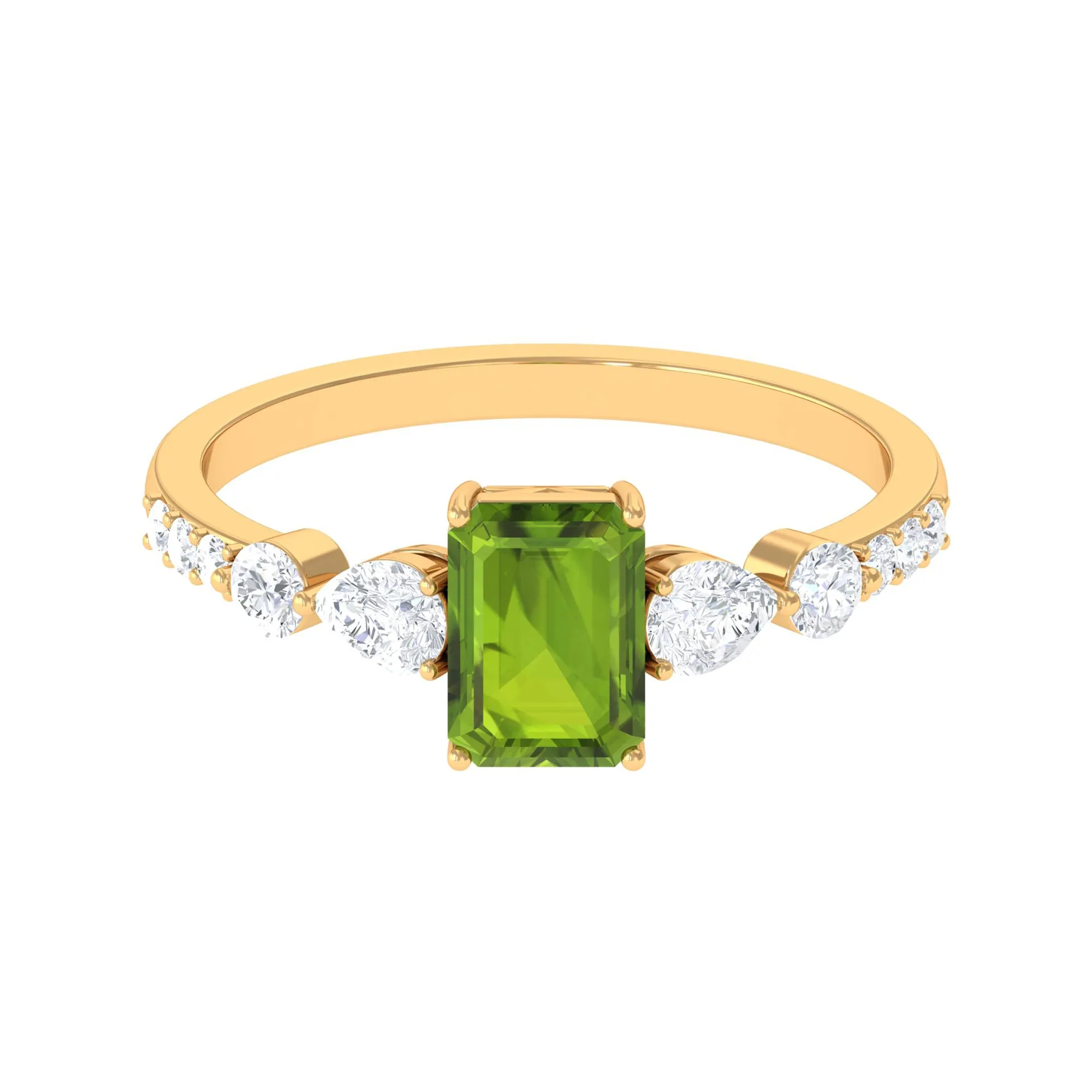 Classic Peridot Solitaire Ring with Moissanite Side Stones in Gold