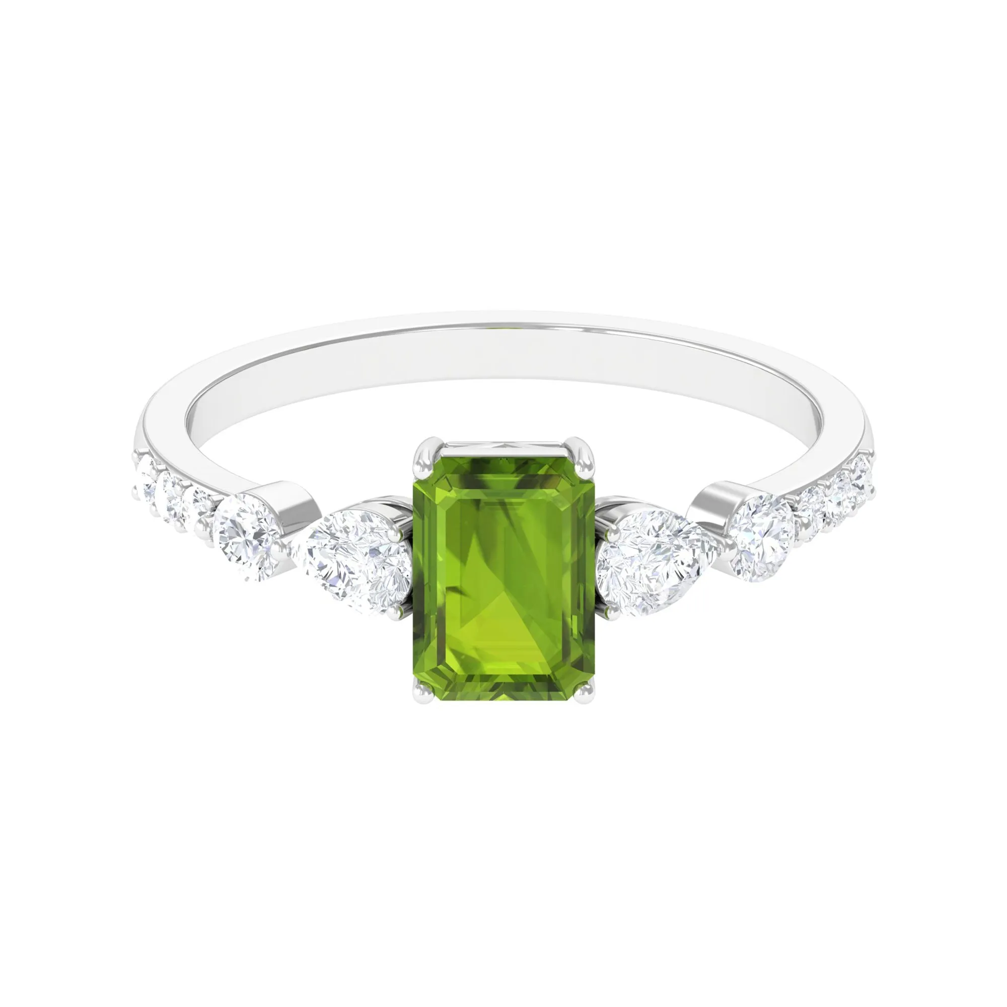 Classic Peridot Solitaire Ring with Moissanite Side Stones in Gold