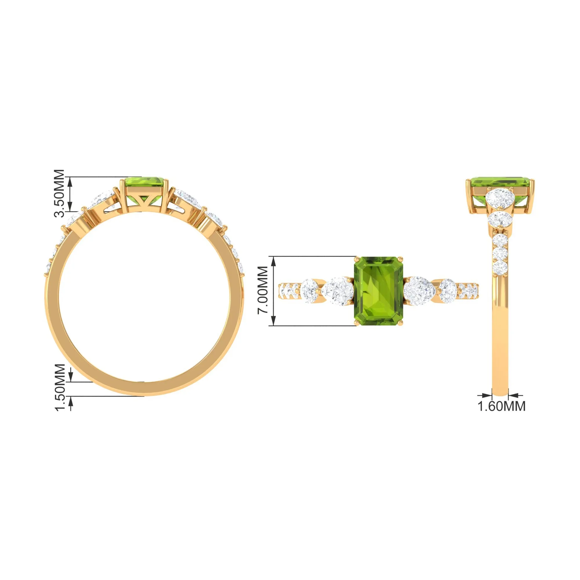 Classic Peridot Solitaire Ring with Moissanite Side Stones in Gold