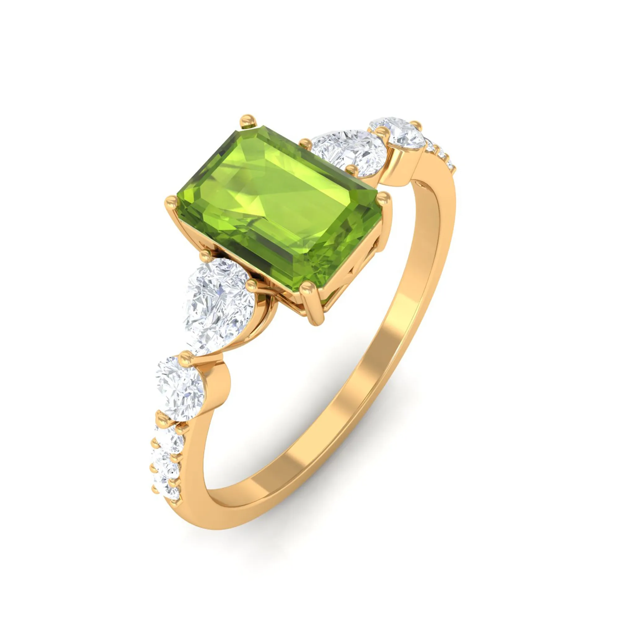 Classic Peridot Solitaire Ring with Moissanite Side Stones in Gold
