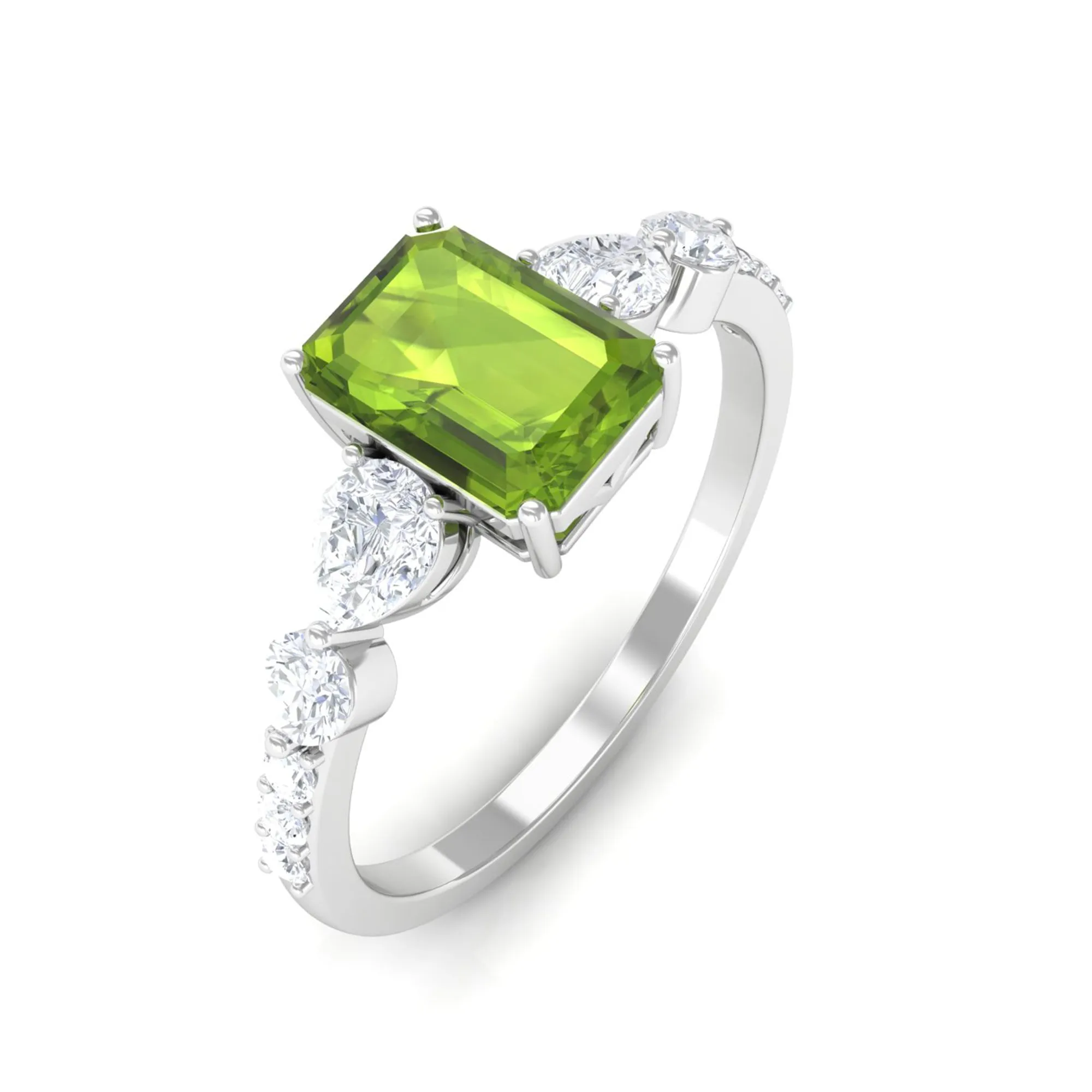 Classic Peridot Solitaire Ring with Moissanite Side Stones in Gold
