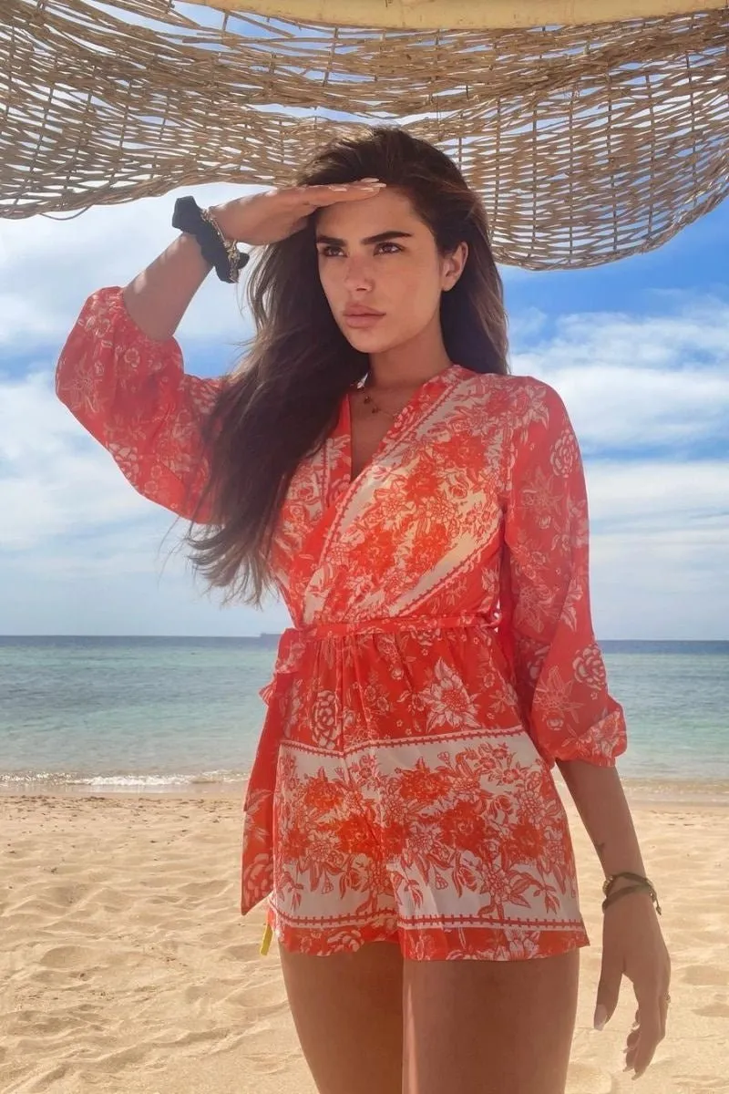 Coral Floral Balloon Sleeve Belted Playsuit