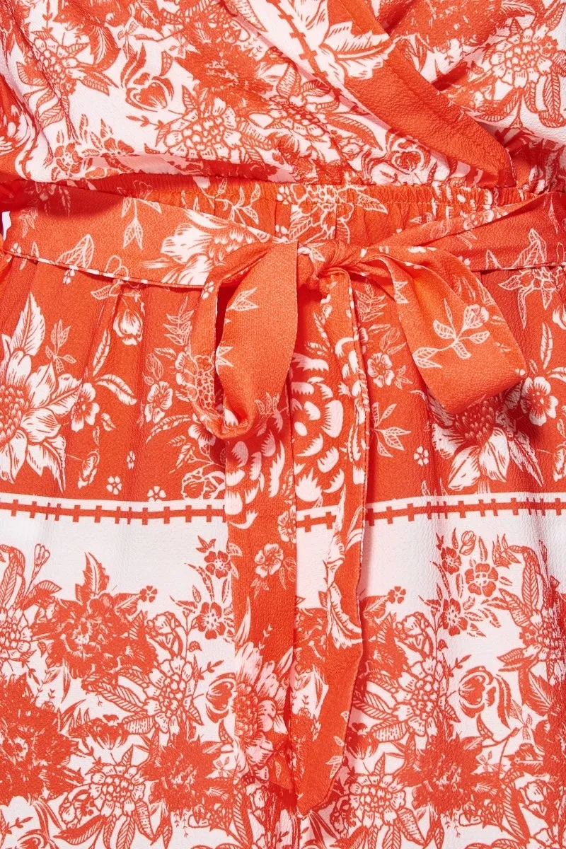 Coral Floral Balloon Sleeve Belted Playsuit