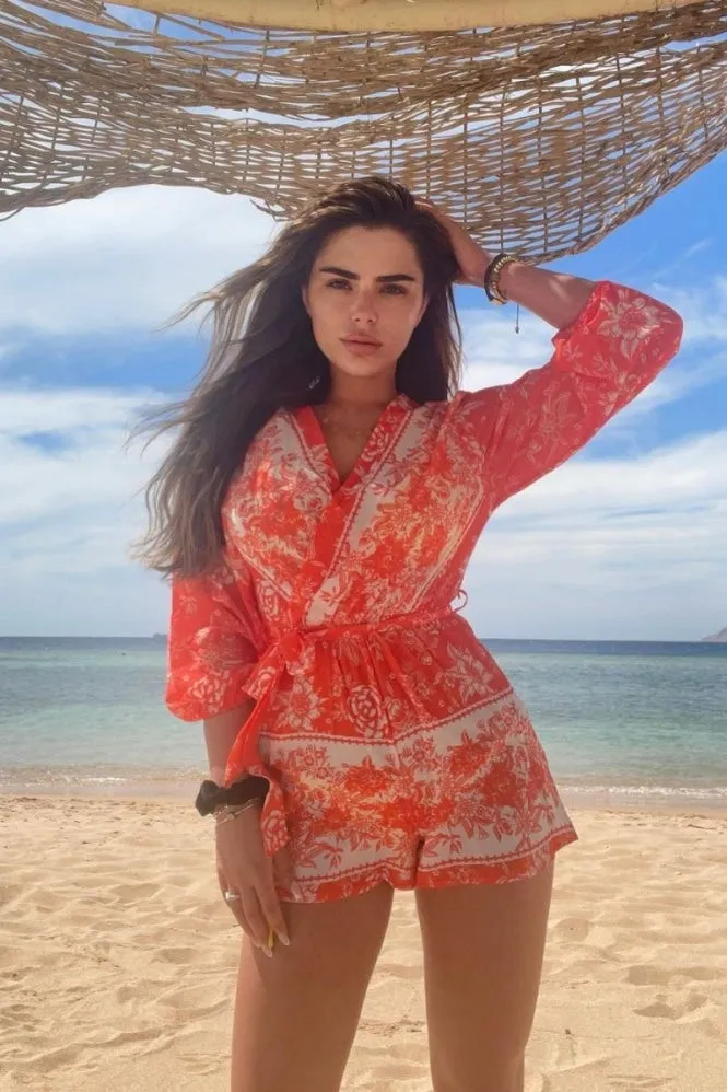 Coral Floral Balloon Sleeve Belted Playsuit