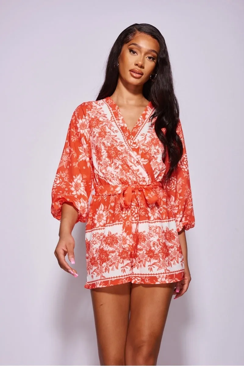 Coral Floral Balloon Sleeve Belted Playsuit