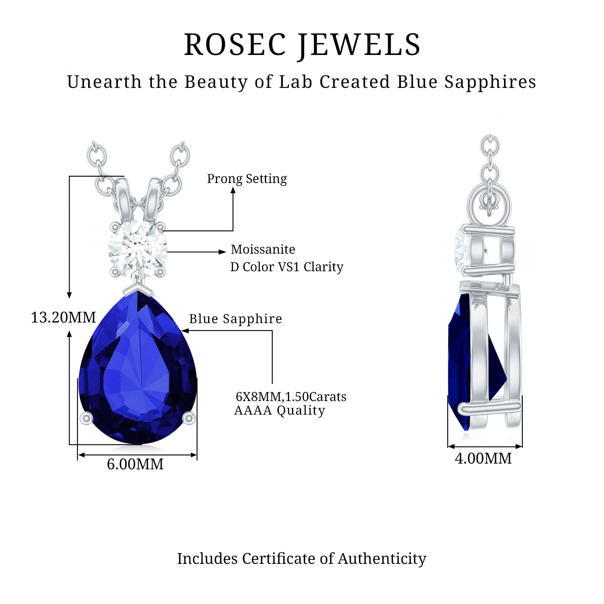 Created Blue Sapphire and Moissanite Modern Teardrop Pendant in Silver