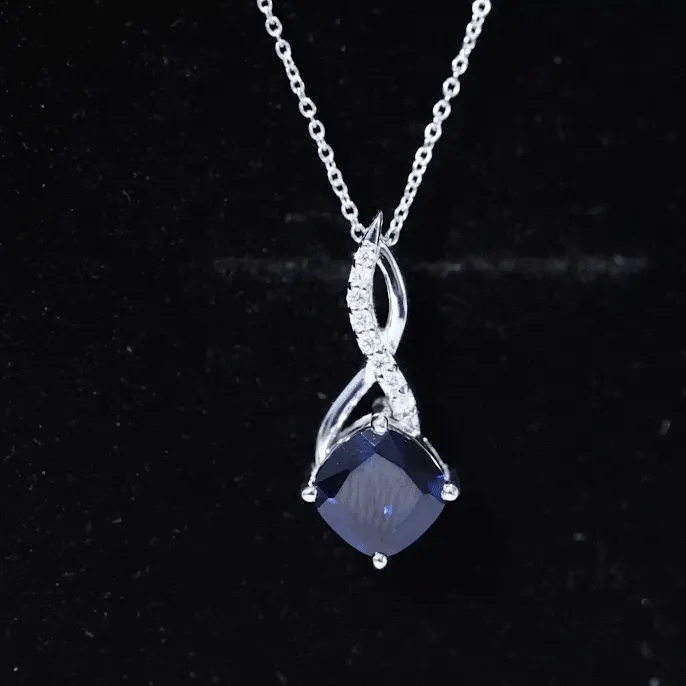 Cushion Cut Created Blue Sapphire Solitaire Infinity Pendant with Moissanite