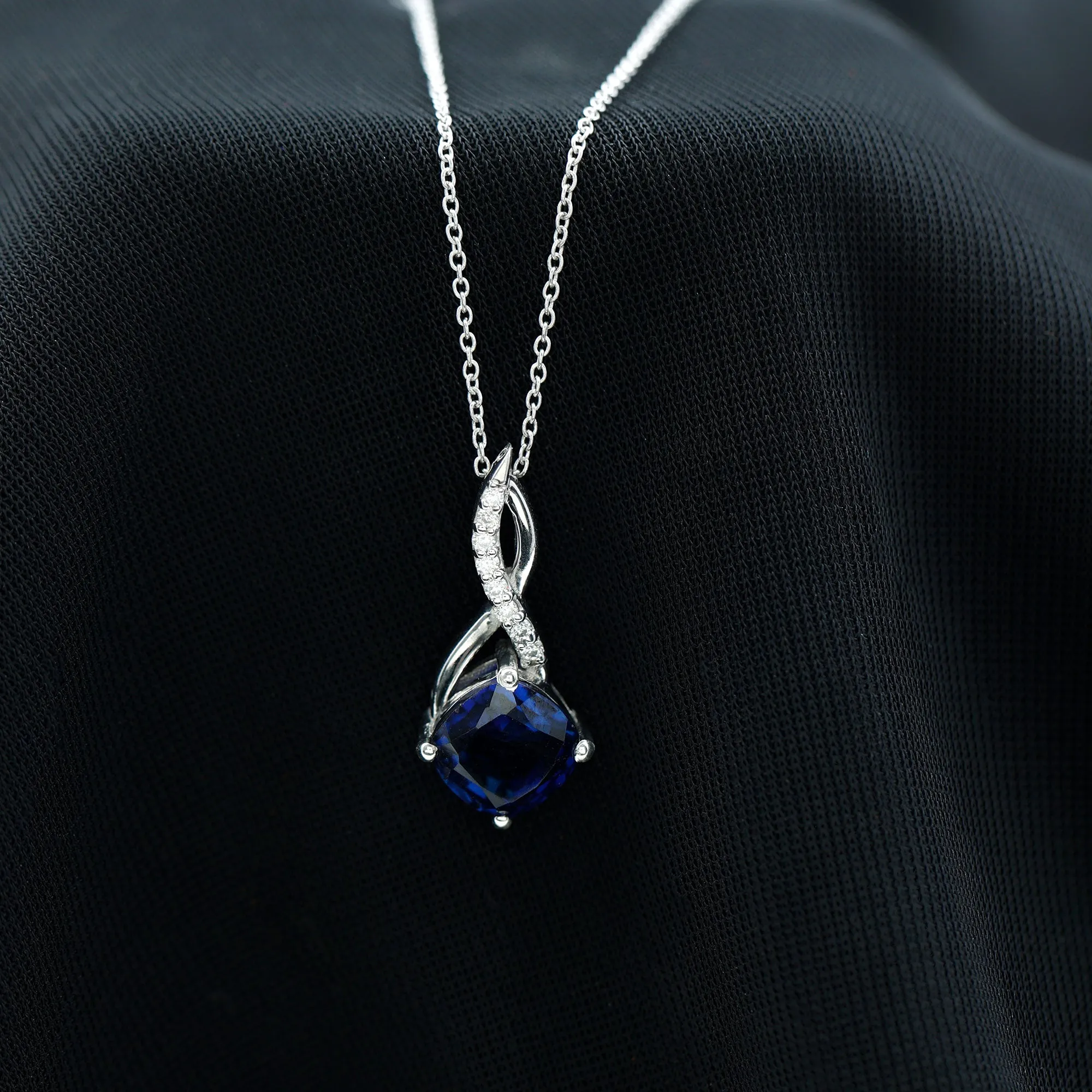 Cushion Cut Created Blue Sapphire Solitaire Infinity Pendant with Moissanite