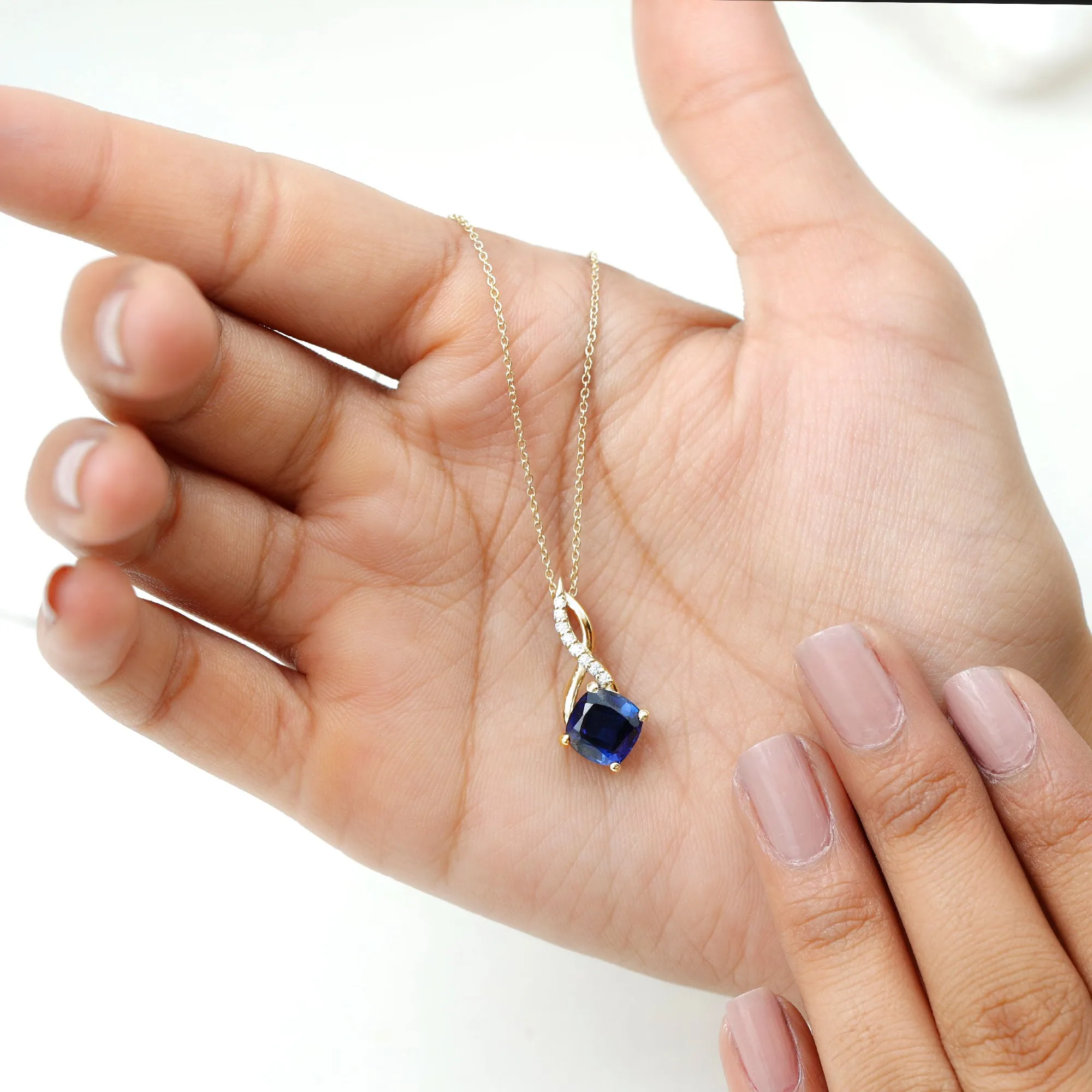 Cushion Cut Created Blue Sapphire Solitaire Infinity Pendant with Moissanite
