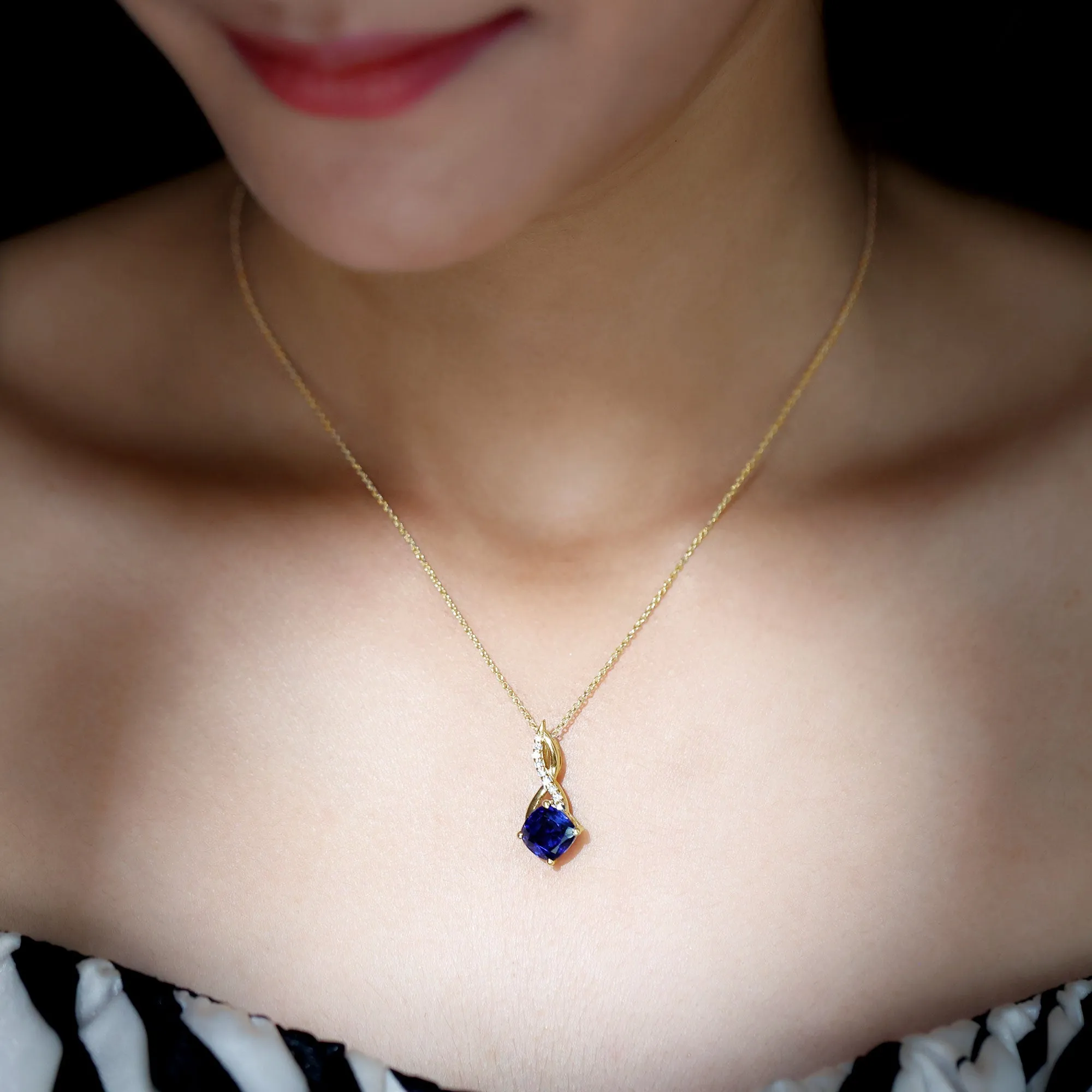Cushion Cut Created Blue Sapphire Solitaire Infinity Pendant with Moissanite