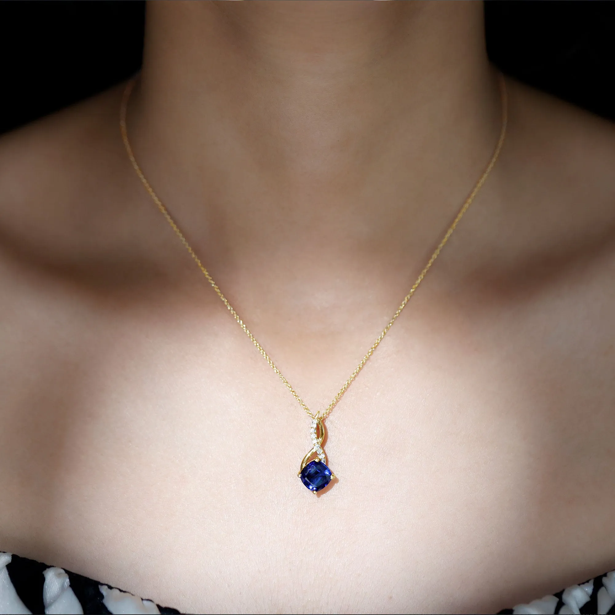 Cushion Cut Created Blue Sapphire Solitaire Infinity Pendant with Moissanite
