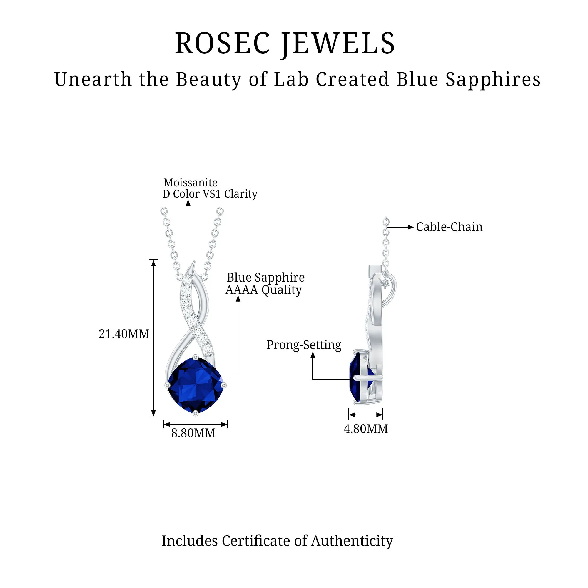 Cushion Cut Created Blue Sapphire Solitaire Infinity Pendant with Moissanite