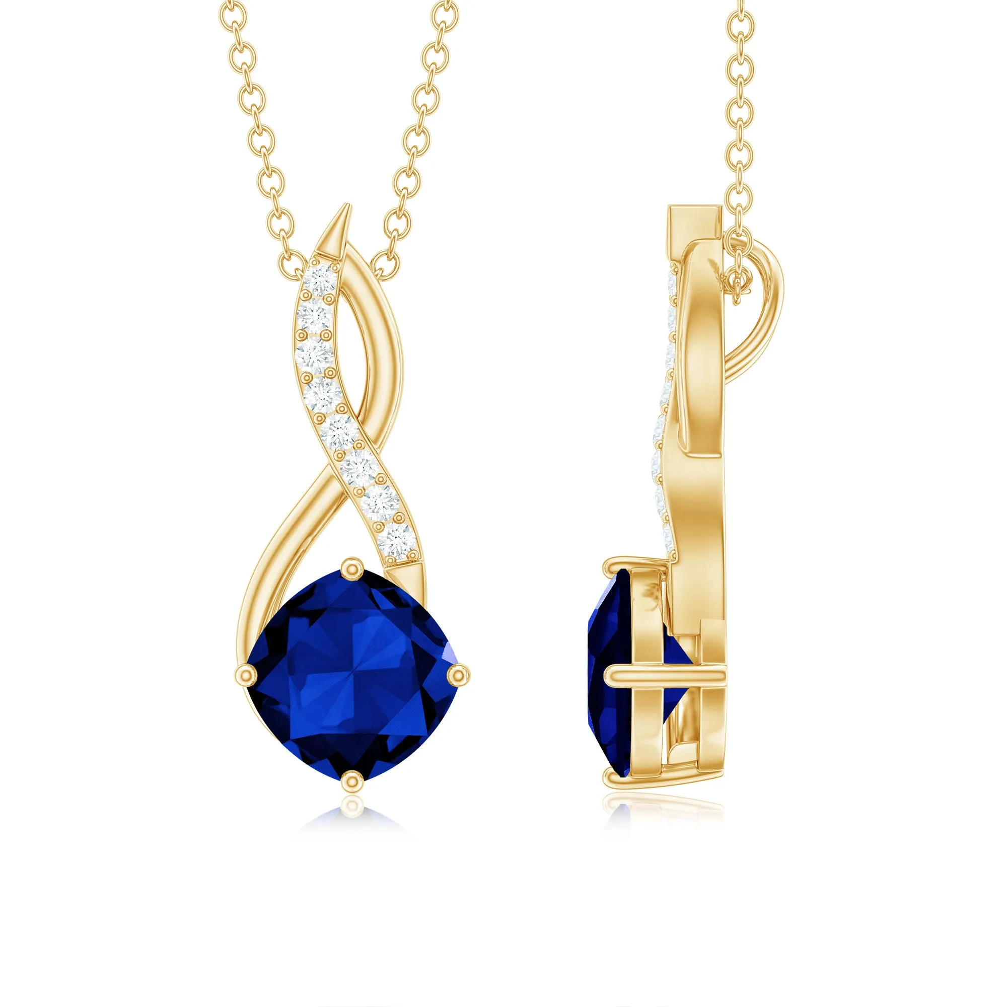 Cushion Cut Created Blue Sapphire Solitaire Infinity Pendant with Moissanite