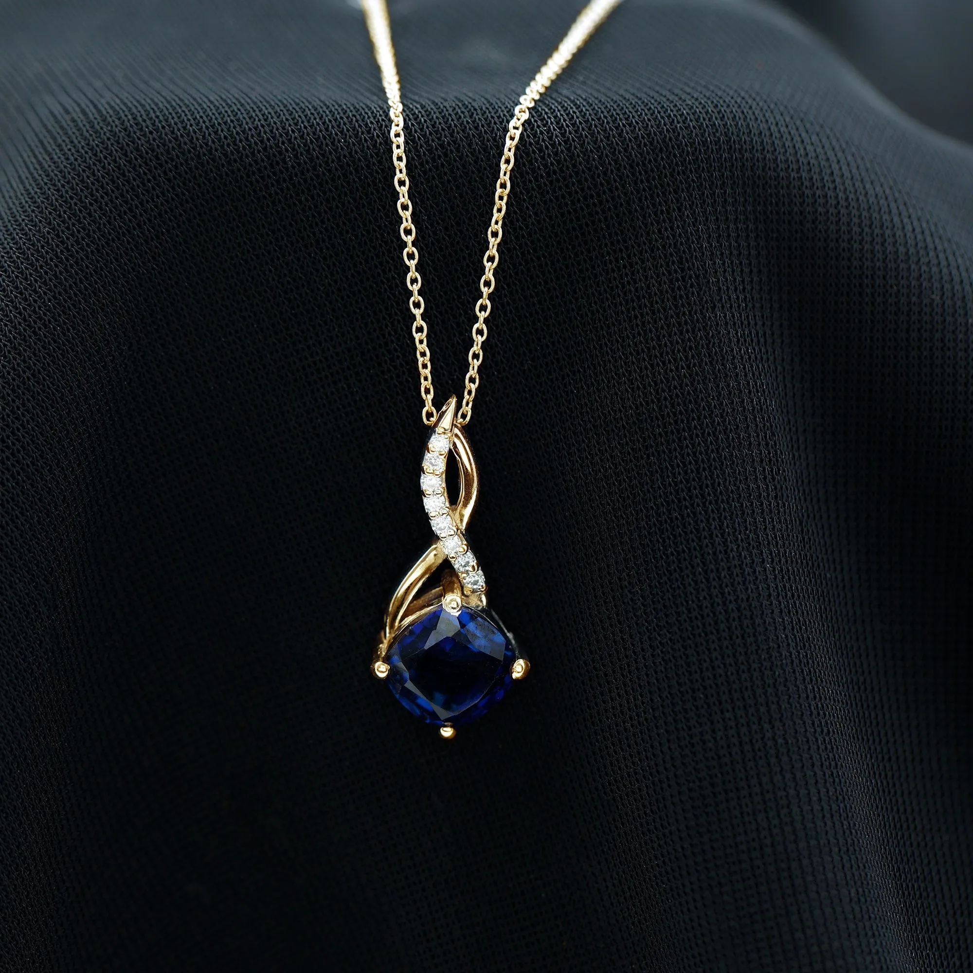 Cushion Cut Created Blue Sapphire Solitaire Infinity Pendant with Moissanite