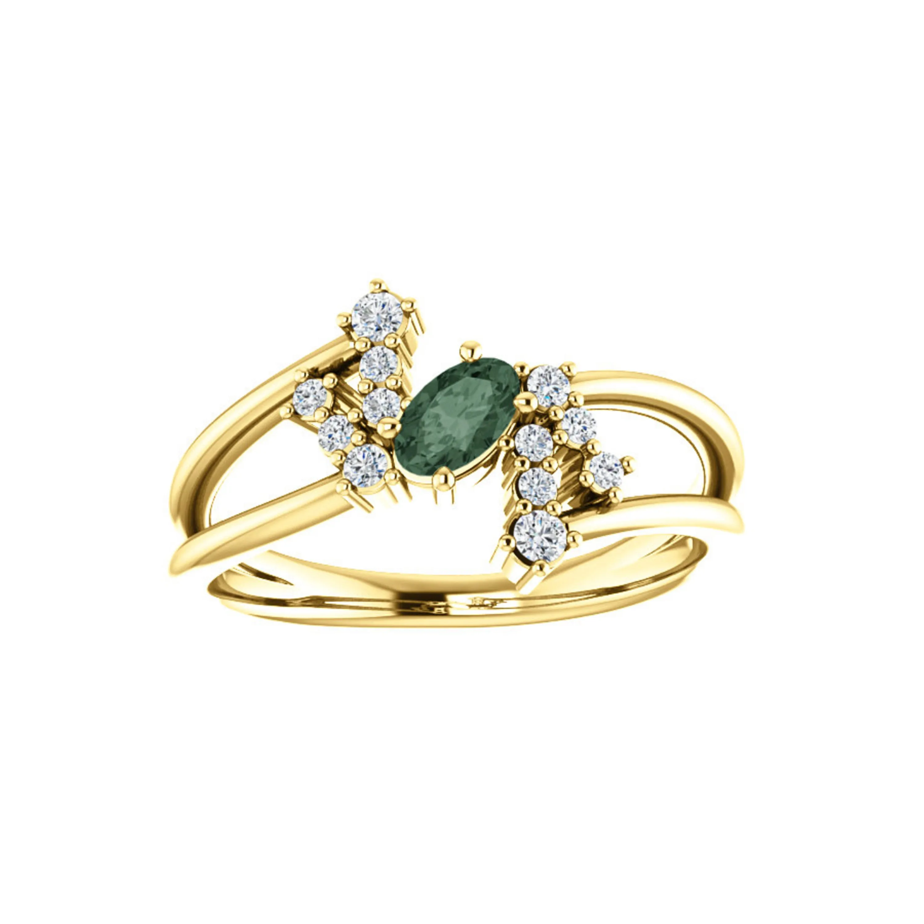 Custom 14k Gold Oval Gemstone and Diamond Bypass Ring