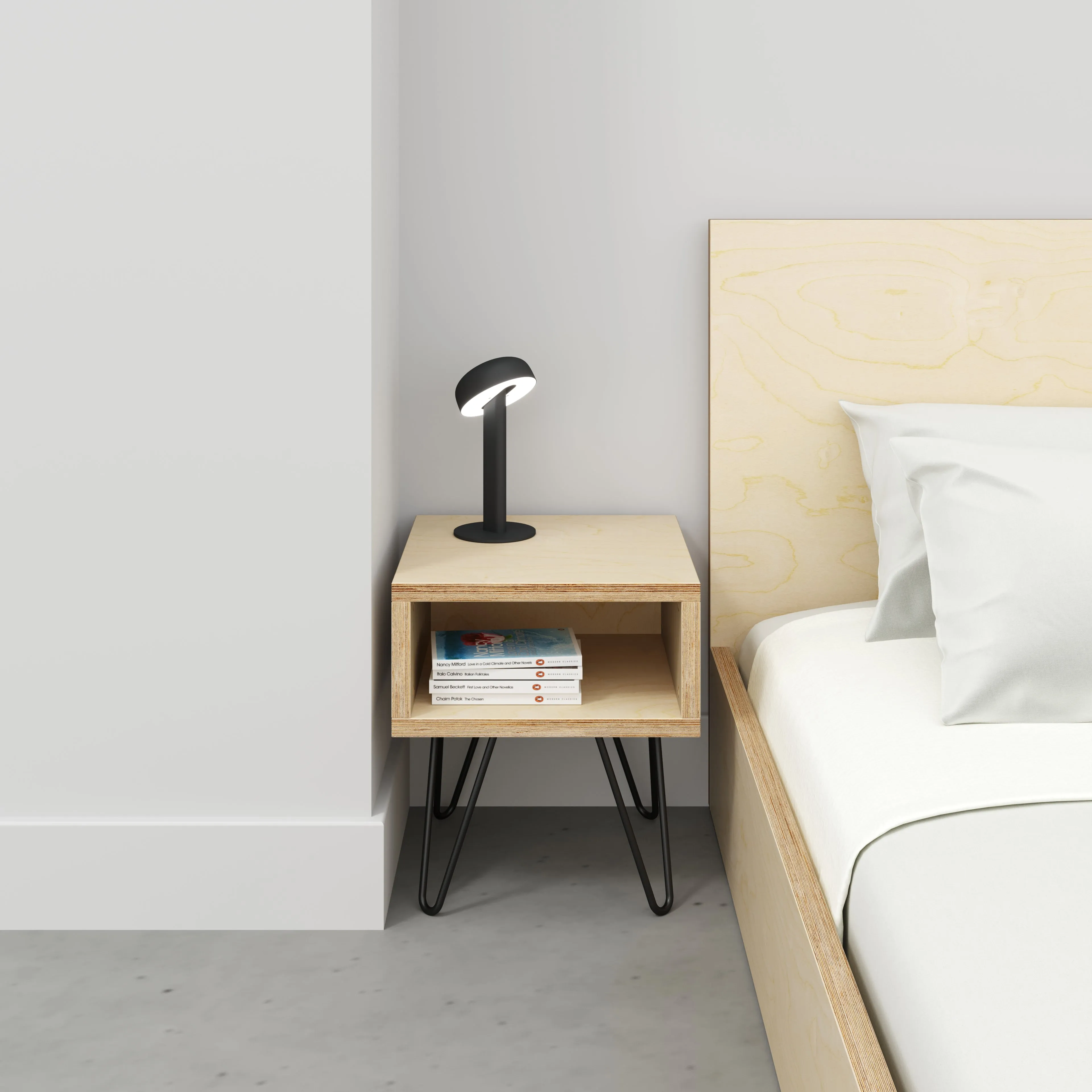 Custom Plywood Bedside Table with Box Storage and Hairpin Legs