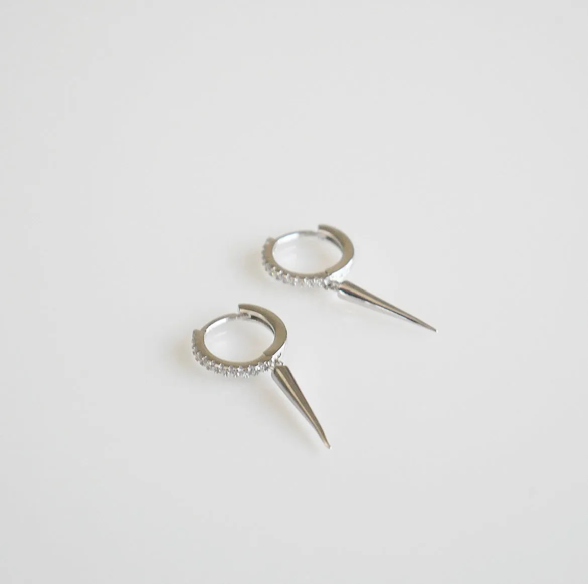 Dagger Hoop Earrings, .925 Sterling Silver, Diamond CZ Downtown Spike Small Hoop Huggie Earrings
