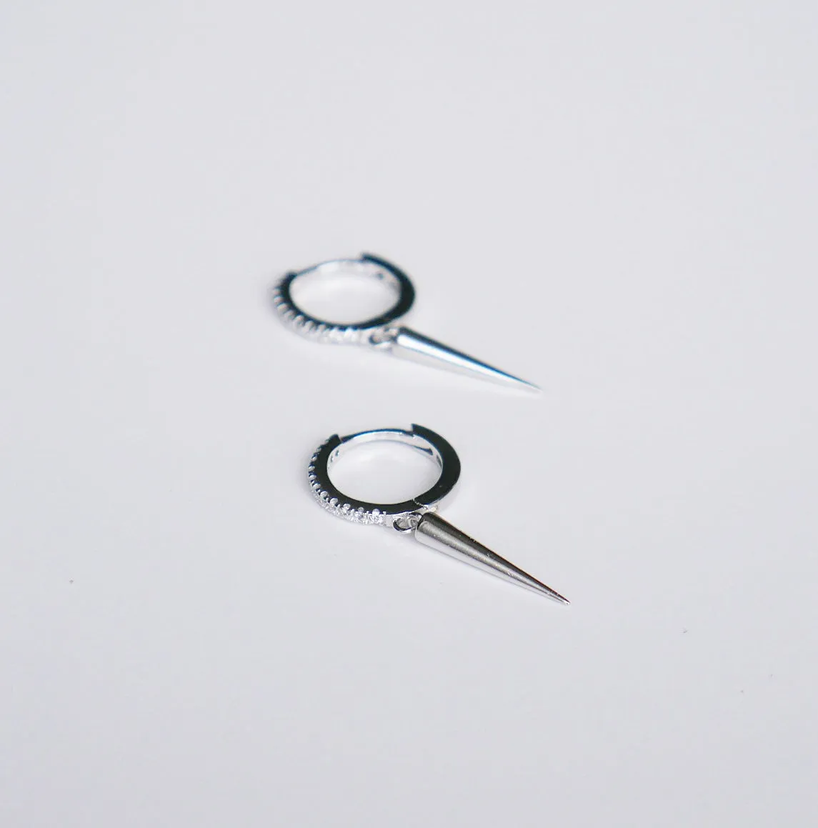 Dagger Hoop Earrings, .925 Sterling Silver, Diamond CZ Downtown Spike Small Hoop Huggie Earrings