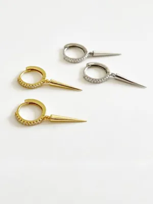 Dagger Hoop Earrings, .925 Sterling Silver, Diamond CZ Downtown Spike Small Hoop Huggie Earrings
