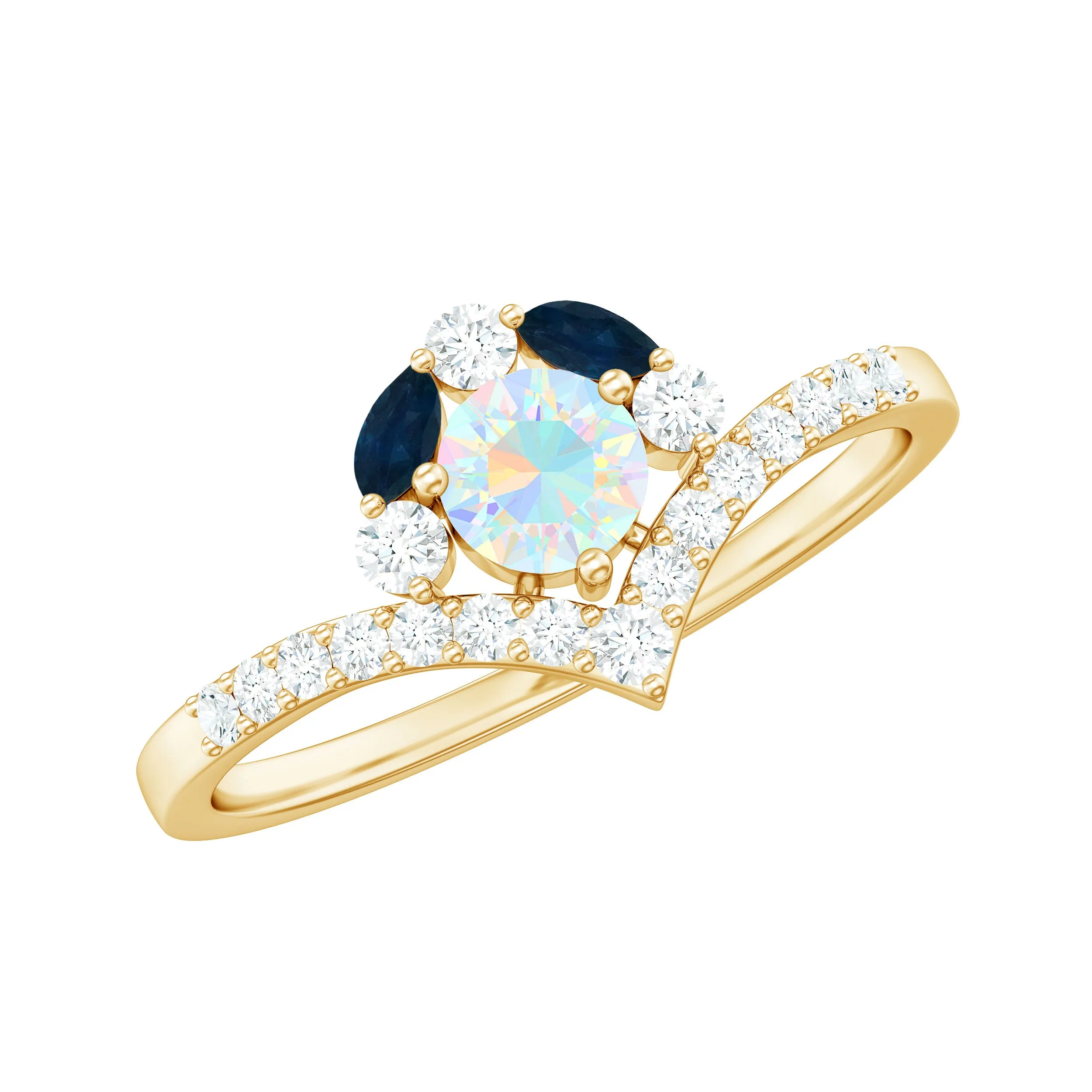 Designer Ethiopian Opal Engagement Ring with Blue Sapphire and Moissanite