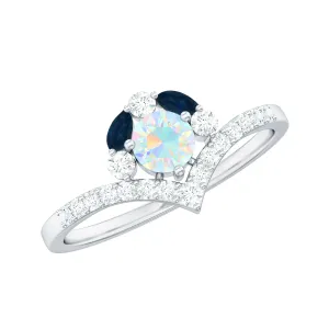 Designer Ethiopian Opal Engagement Ring with Blue Sapphire and Moissanite