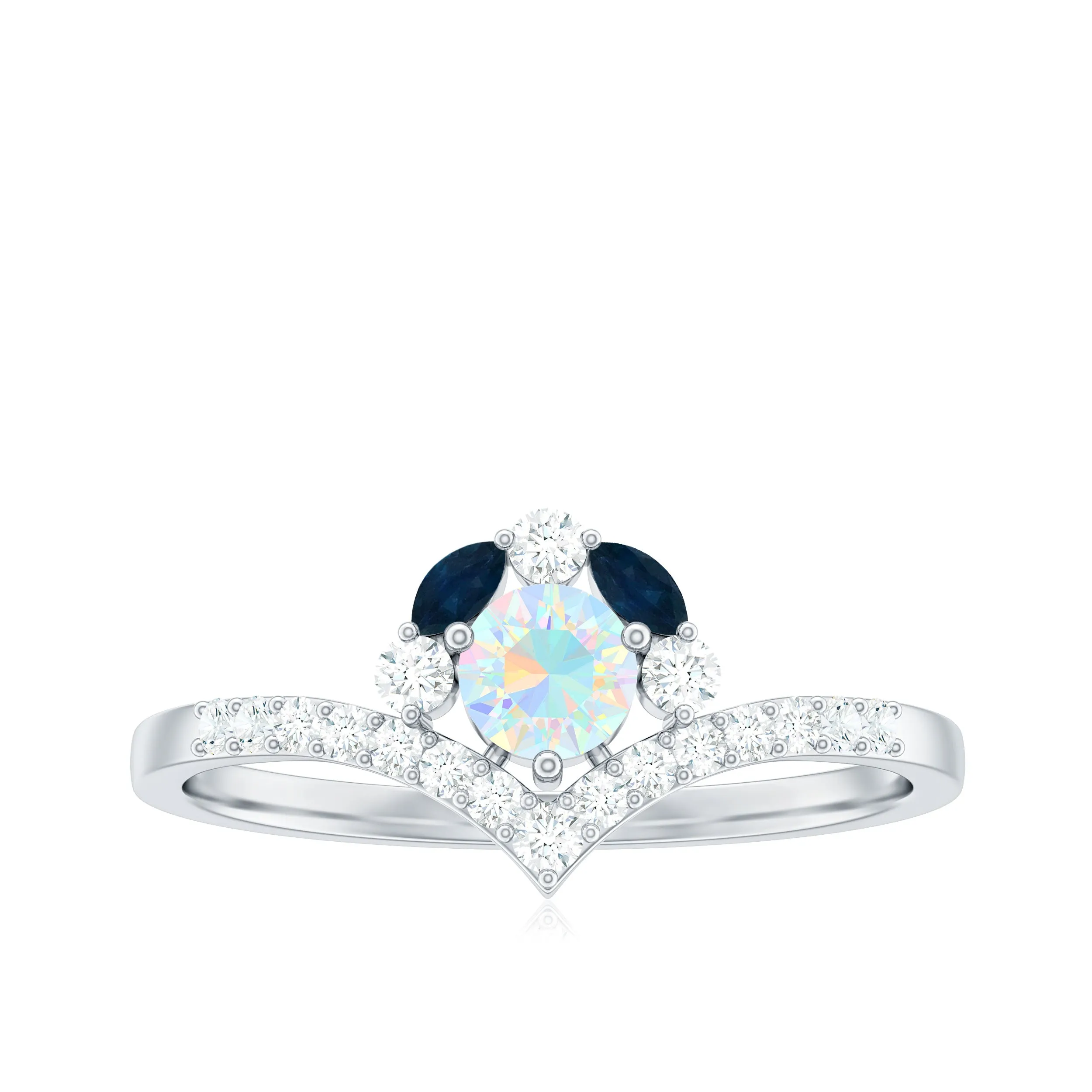 Designer Ethiopian Opal Engagement Ring with Blue Sapphire and Moissanite