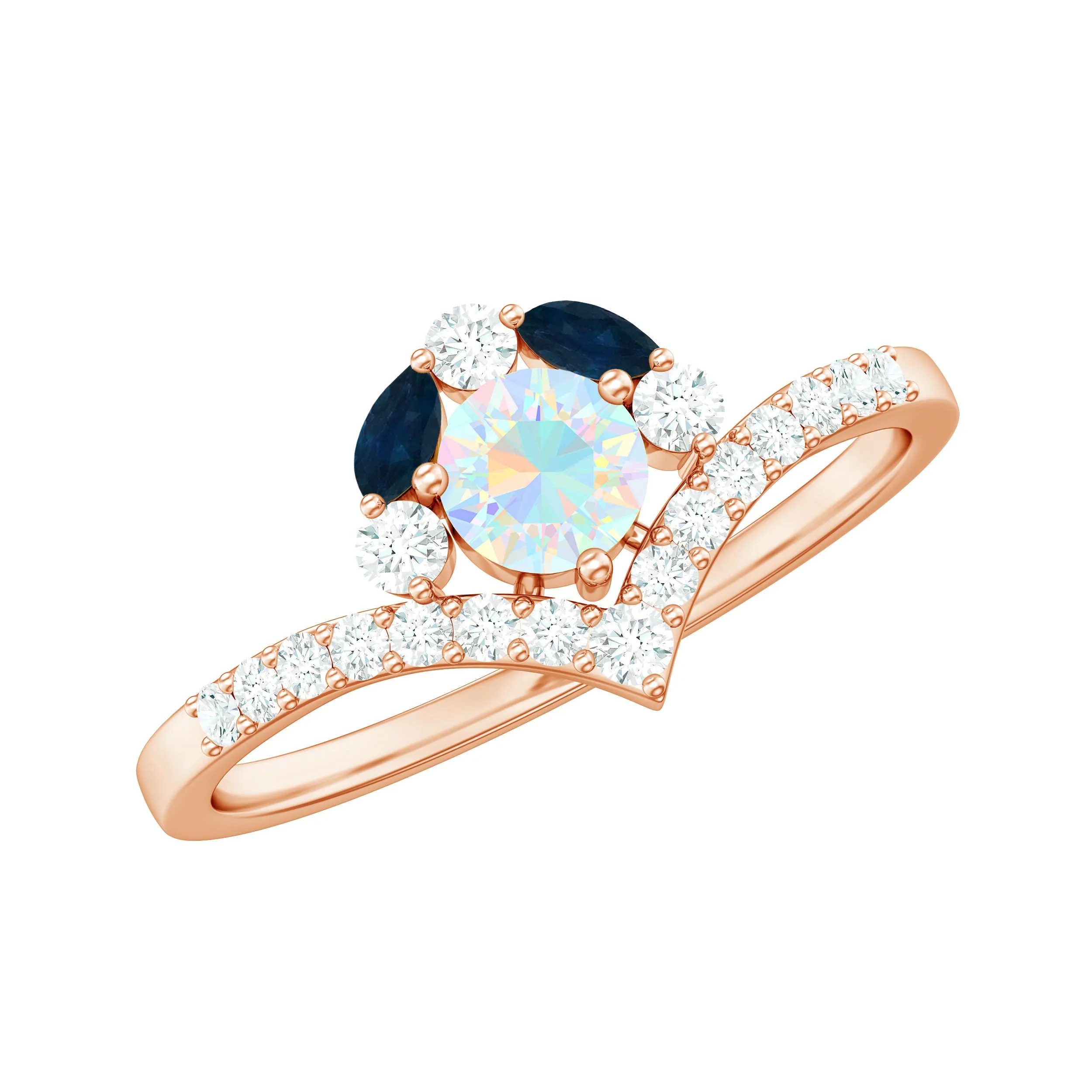 Designer Ethiopian Opal Engagement Ring with Blue Sapphire and Moissanite