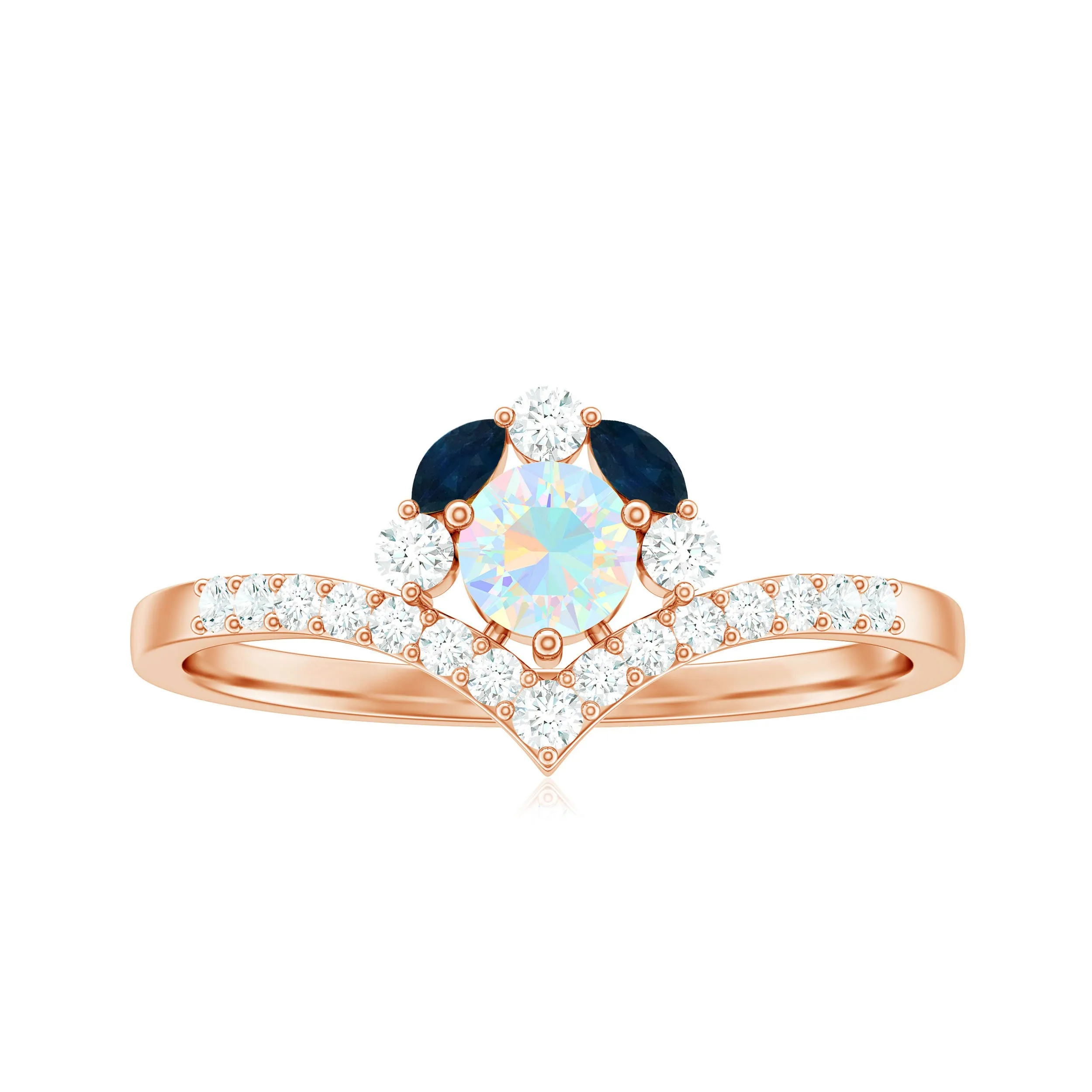 Designer Ethiopian Opal Engagement Ring with Blue Sapphire and Moissanite