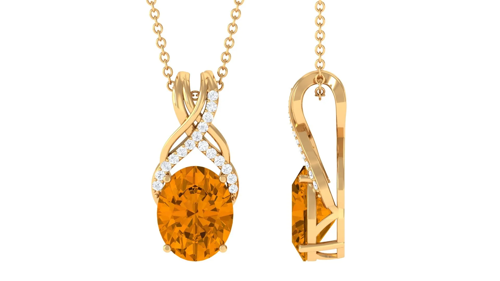 Designer Oval Citrine Solitaire Pendant with Diamond Twisted Bail