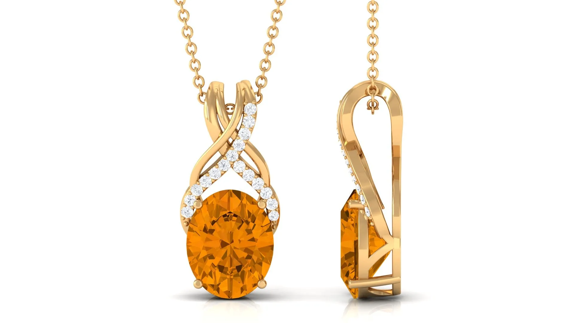 Designer Oval Citrine Solitaire Pendant with Diamond Twisted Bail