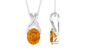 Designer Oval Citrine Solitaire Pendant with Diamond Twisted Bail