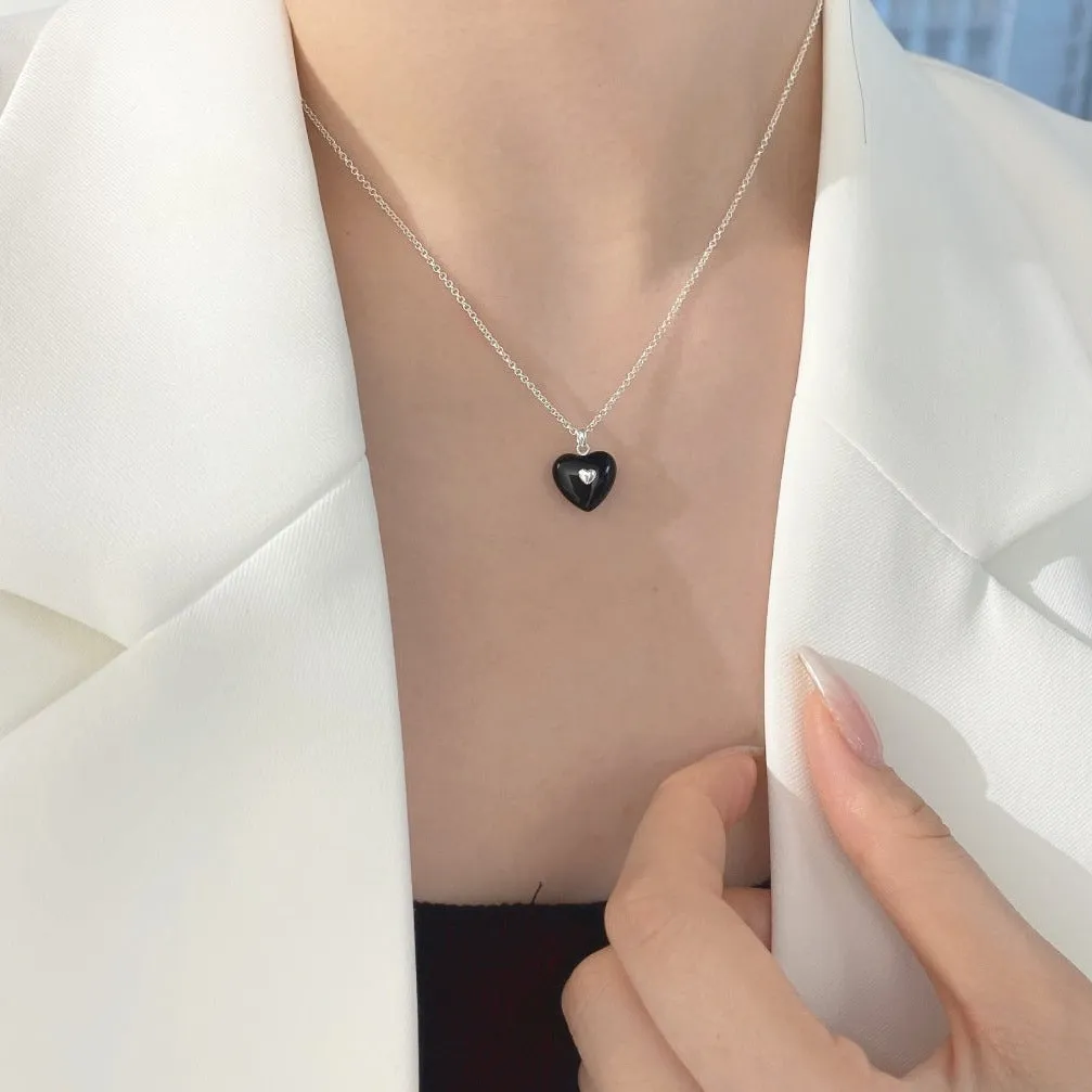 Double Black Puffy Heart Necklace
