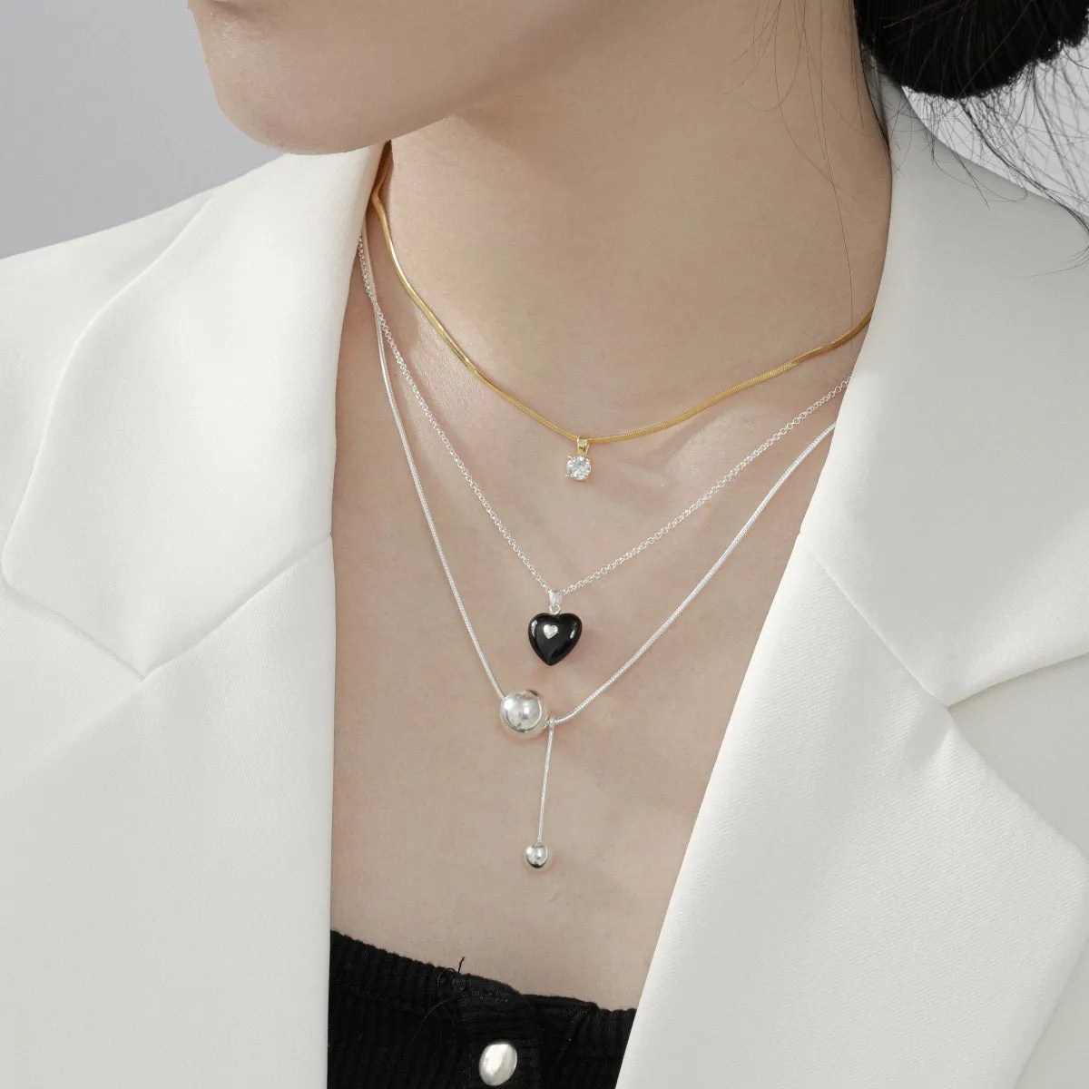 Double Black Puffy Heart Necklace