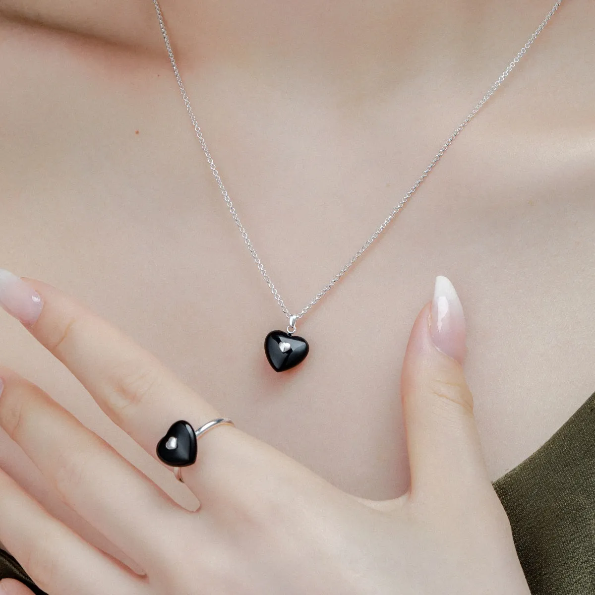 Double Black Puffy Heart Necklace