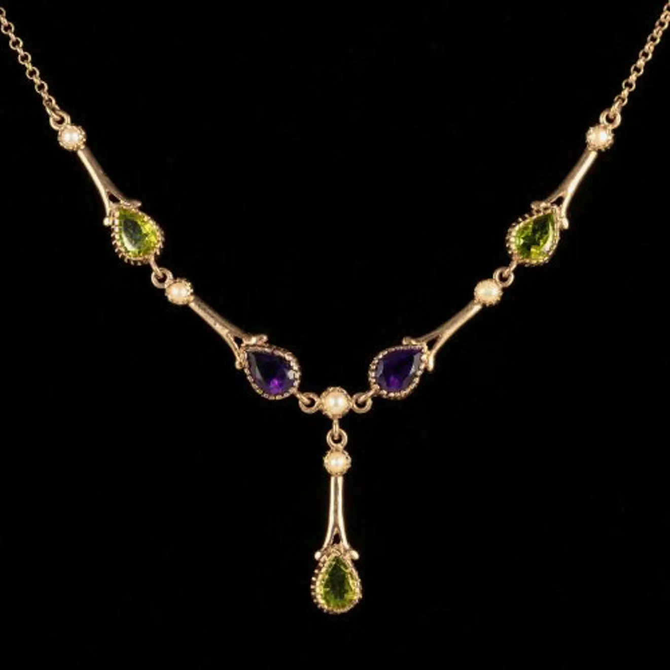 Edwardian Suffragette Style Lavaliere Necklace Peridot Amethyst Pearl 9ct Gold