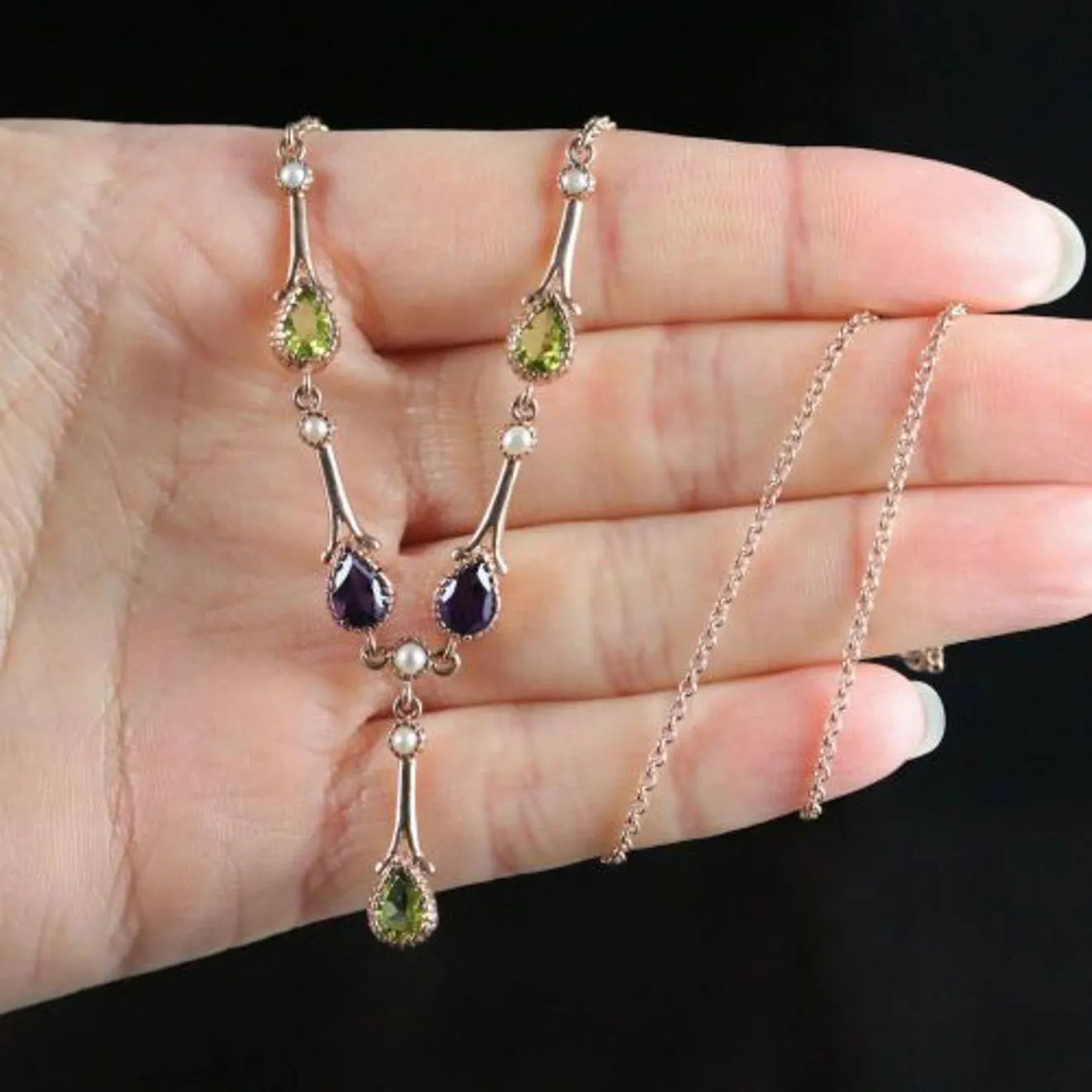 Edwardian Suffragette Style Lavaliere Necklace Peridot Amethyst Pearl 9ct Gold