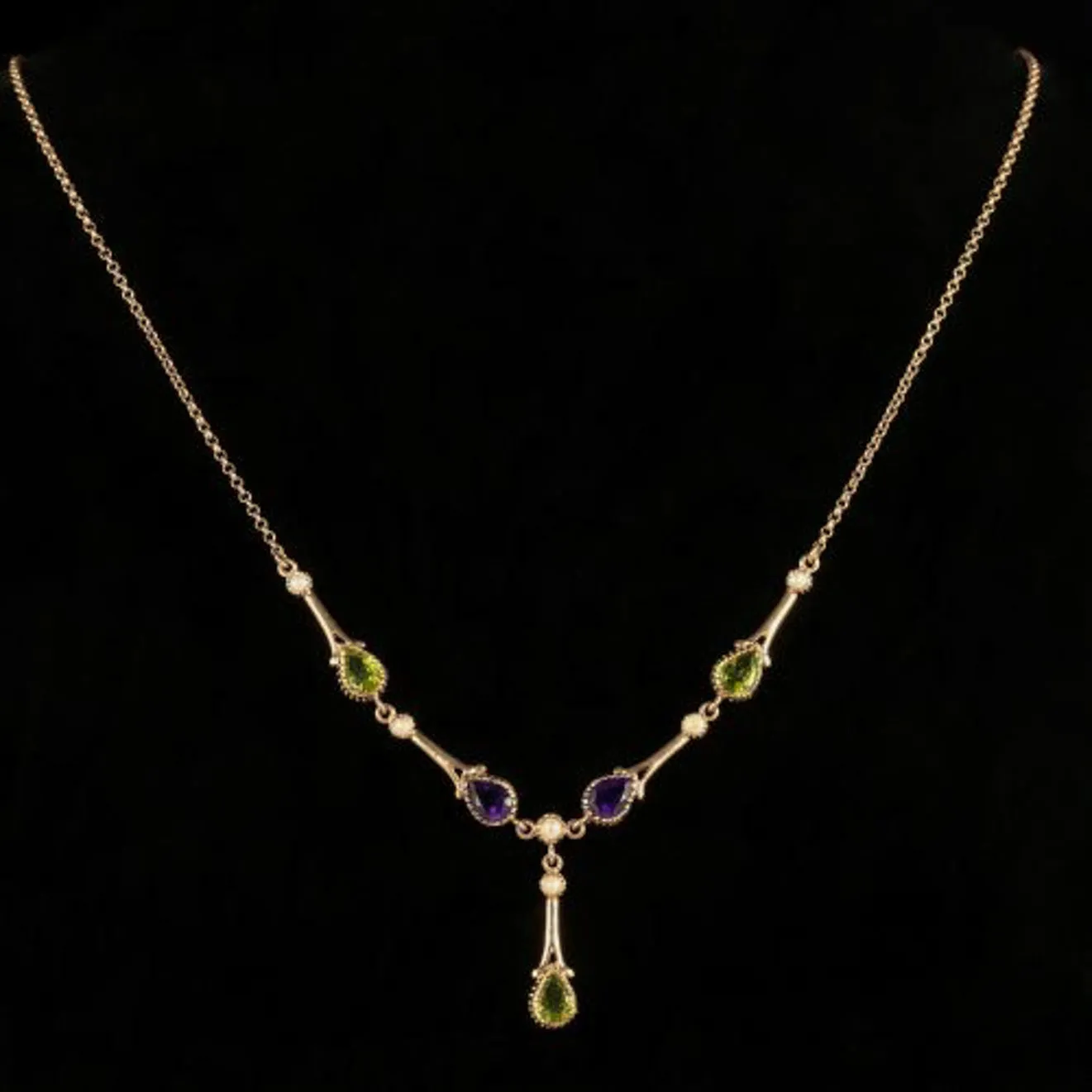 Edwardian Suffragette Style Lavaliere Necklace Peridot Amethyst Pearl 9ct Gold