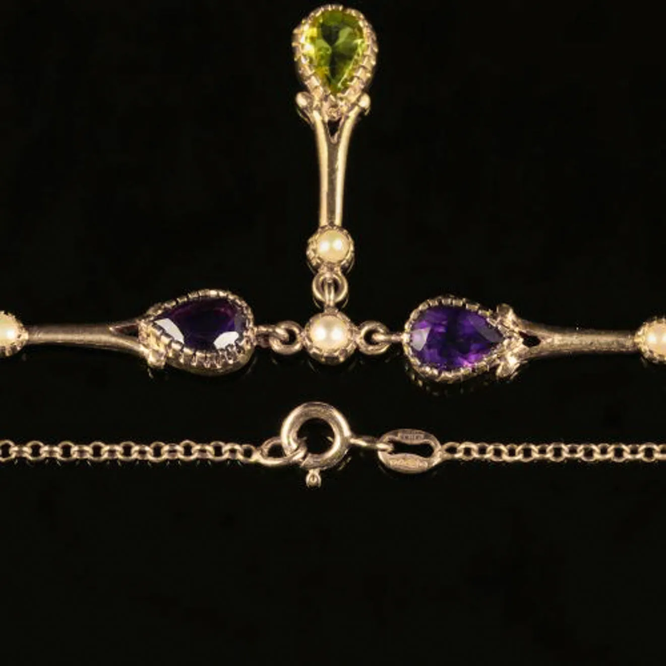 Edwardian Suffragette Style Lavaliere Necklace Peridot Amethyst Pearl 9ct Gold