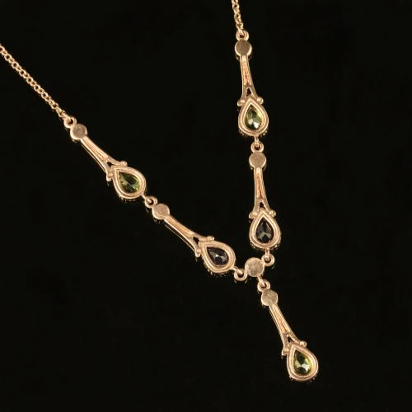 Edwardian Suffragette Style Lavaliere Necklace Peridot Amethyst Pearl 9ct Gold