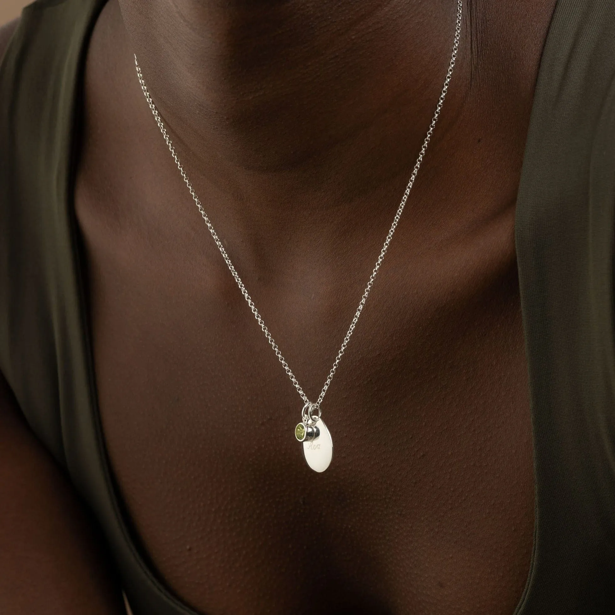 Engraved Pebble & Birthstone Necklace