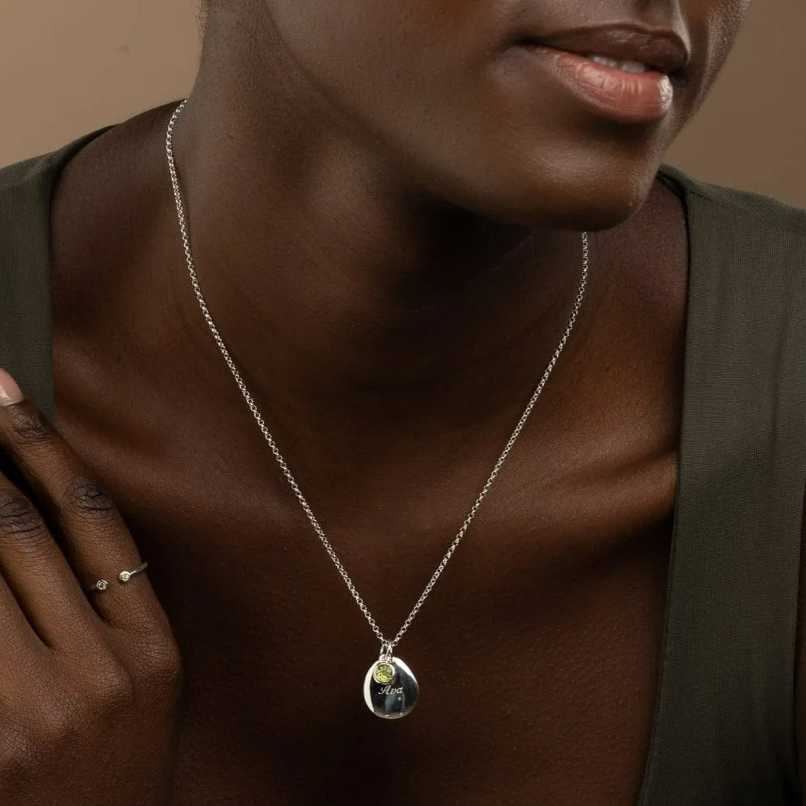 Engraved Pebble & Birthstone Necklace