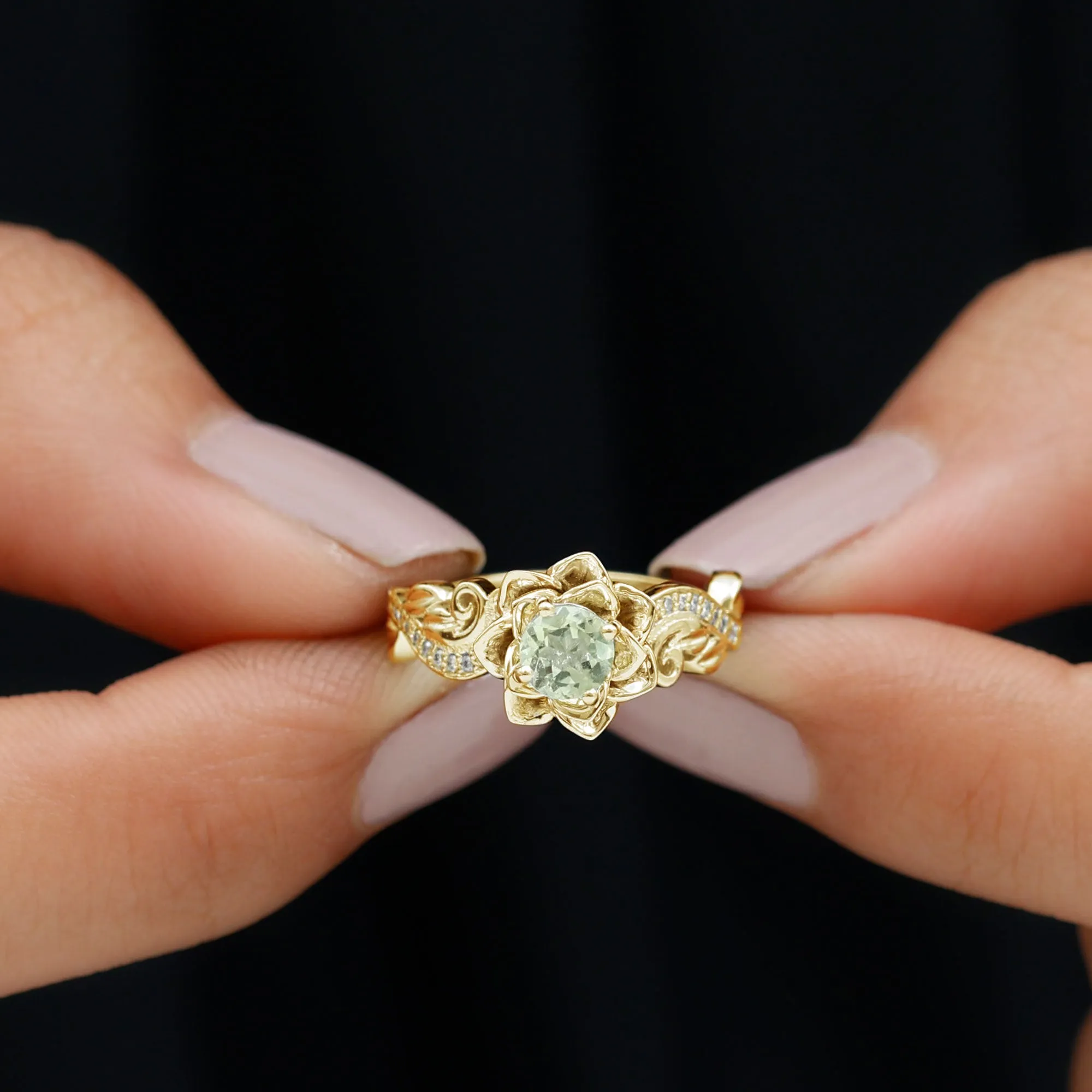 Flower Inspired Peridot and Diamond Engagement Ring