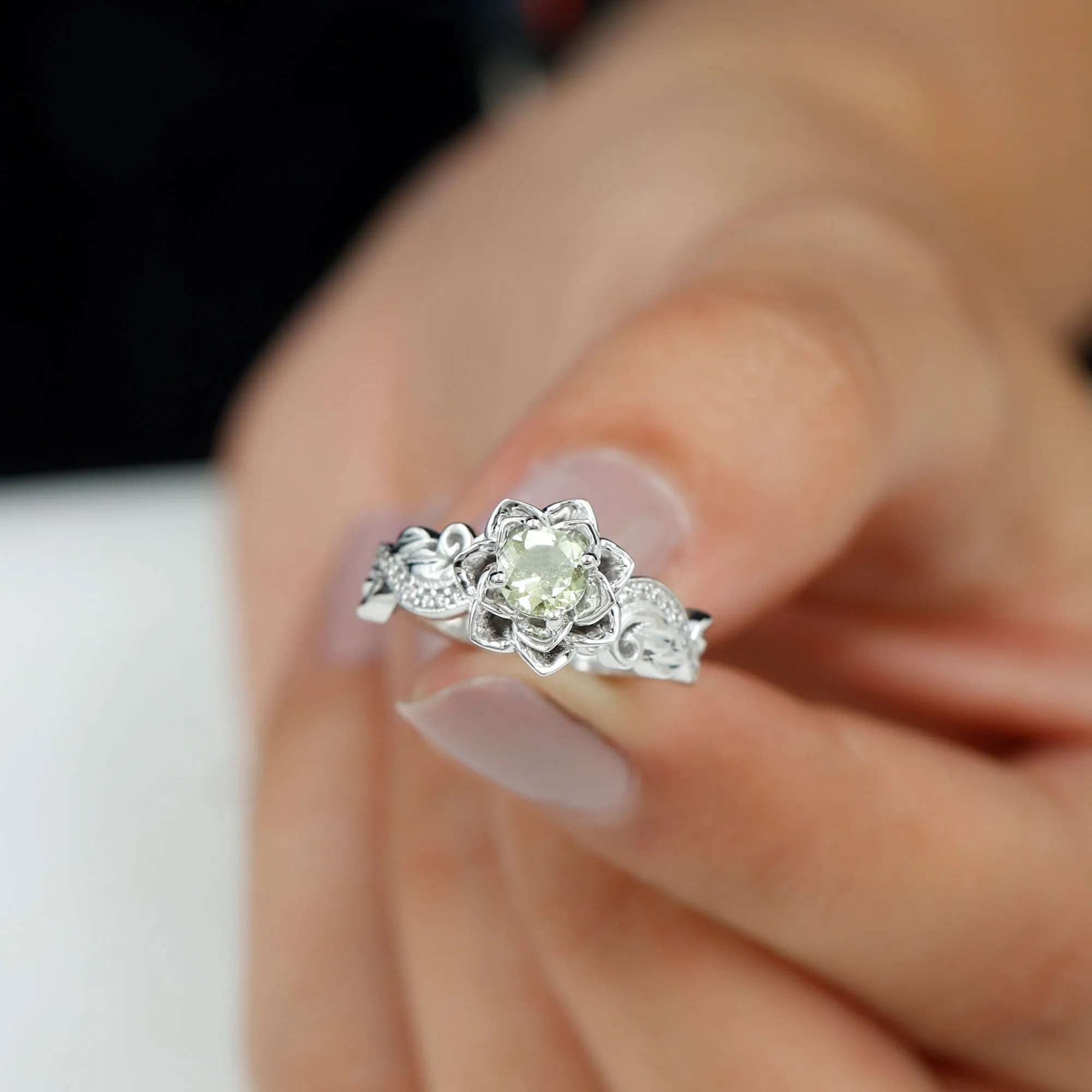Flower Inspired Peridot and Diamond Engagement Ring