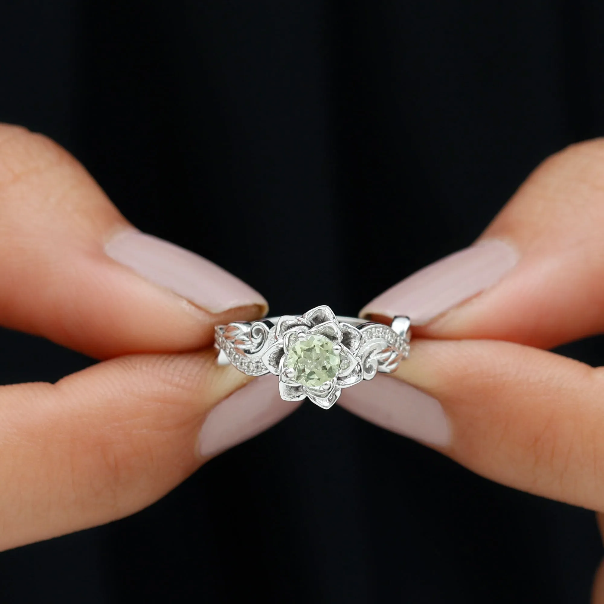 Flower Inspired Peridot and Diamond Engagement Ring