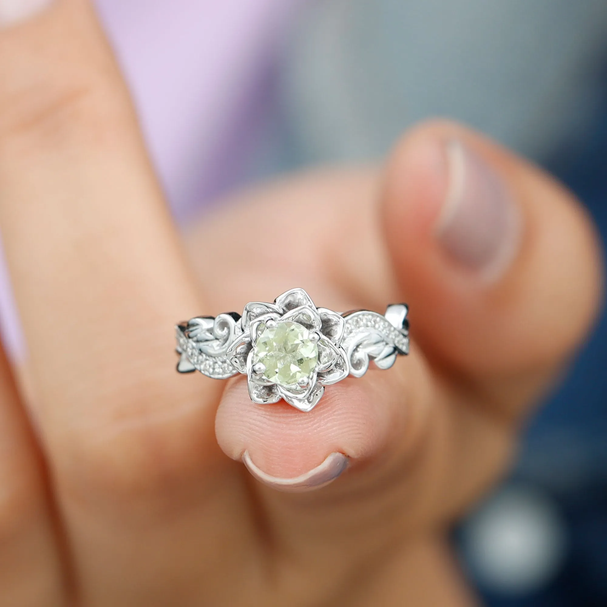 Flower Inspired Peridot and Diamond Engagement Ring